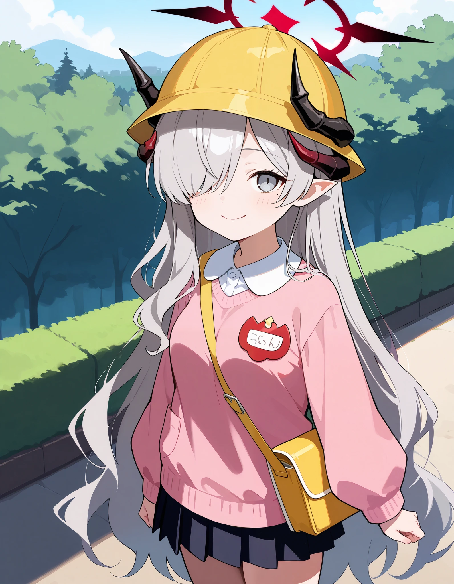 Masterpiece, hd, best quality, makotodef, grey hair, hair over one eye, black headwear, multiple horns, black horns, pointed ears, demon horns, halo, grey eyes, medium breasts, school hat, yellow hat, kindergarten uniform, collared shirt, pink sweater, red name tag, pleated skirt, black skirt, outdoor, smile, standing, cowboy shot, holding yellow bags