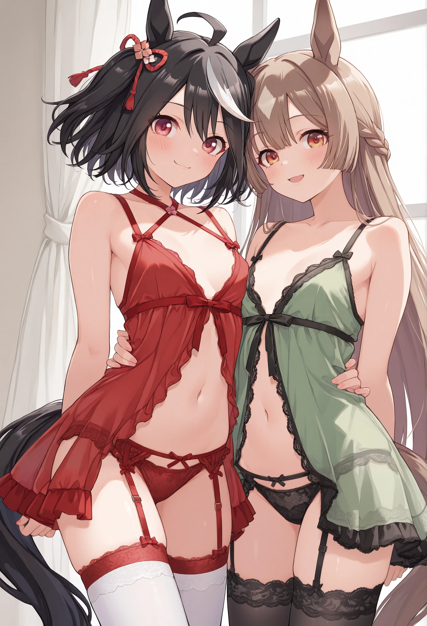 Very detailed, Highest quality, High resolution, Moe Anime, ((Three little girls in underwear:1.2)), (Black Hair:1.4), (Baby Face), Cute eyes, Detailed eye depiction, Eyes sparkling, Dark eye color, View your audience, Pale skin, (Big eyes:1.4, Droopy eyes:1.4, Torogao:1.4), Focus on the face, In the park with cherry blossoms falling, ((The lower half is naked:1.4)), ((See-through lace bra)), ((See-through lace panties)), Bright Eyes, ((Nipples are visible through the fabric)), ((Petite)), ((Young)), ((nsfw:1.2)), (Flat Chest:1.4), ((Different hairstyles:1.4)), (A big smile:1.5), (Slightly below:1.4), ((Different bangs:1.2)), ((ribbon:1.4))