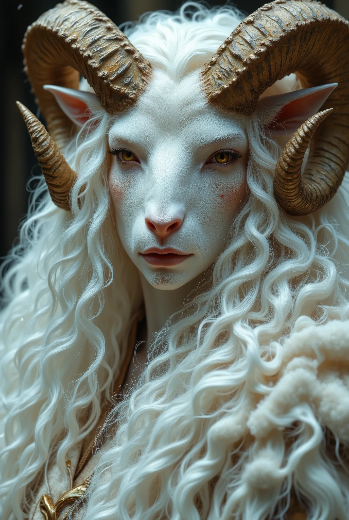 A regal and magical ram-human hybrid with a commanding yet serene presence. Its face combines human features with animalistic charm, framed by a cascading mane of thick, snowy white curls, giving the appearance of a divine entity. Two large, spiraling horns, textured like aged wood, emerge symmetrically from its head, adding to its mythical aura. The creature's pale, freckled skin glows faintly, and its piercing, otherworldly eyes exude wisdom and mystery. A meticulously styled white mustache curls elegantly, adding a touch of sophistication. Subtle animal ears peek through the luxurious curls, blending seamlessly with its dual nature. The backdrop is muted and shadowy, emphasizing the creature’s radiant, ethereal form while creating an atmosphere of quiet reverence