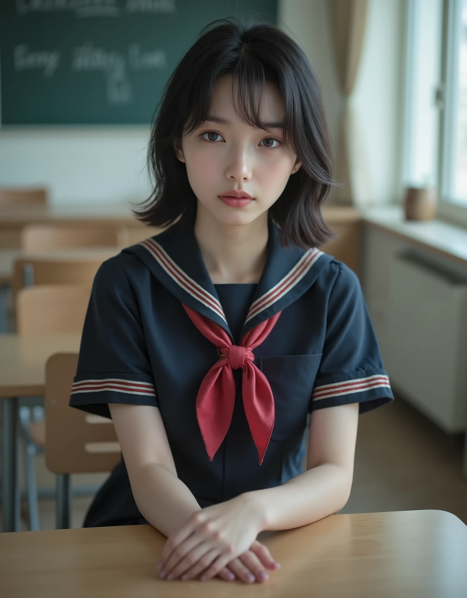 (Canon), (EOS R5), (50mm), ((( photorealistic:1.5))), (No lens flare :1.5), ((超 high resolution)), (masterpiece), accurate,( is presentな質感の肌), more details, high detail, high quality , Award-winning work , 最 high quality, 32K, depth of coverage, digital camera, award-winning glamour photo , professional lighting, (SFW), ((最 high quality:1.5)), ((masterpiece:1.5)), (( is present)), high resolution, is presentな影, Roughness, Real Life,( 1 Japanese woman so beautiful and cute), ((Very young and petite:1.8)), ((Quite ish:1.8)), ( The cuteness of Japan's top idol ), ((Upper body shot seen obliquely from the front :1.5)), (( upper body shot from head to knee :1.5)), ((A cute Japanese girl)), (( middle school clas chair, blackboard, and window visible )), ((( A navy blue short sleeve sailor suit with 3 red lines :1.8))), (((襟と胸当てが紺色で3本の赤色ラインがある半袖の紺色夏服セーラー服と dark blue flare skirt を着て椅子に座っている:1.8))), (( short sleeve navy blue sailor suit with dark blue collar and breastplate :1.8)), ((The breastplate of a sailor suit is dark blue and has 3 red lines :1.5)), ((3 red lines :1.8)), (( dark blue flare skirt :1.5)), (((セーラー服用のRed scarf:1.8))), (((Red scarf:1.8))), ((Navy blue scarf closure :1.5)), (( no front buttons on a sailor suit :1.8)), ((( no accessories:1.9))), ((( No Earrings :1.8))), (((Without necklace:1.8))), (( a very cute high school girl who feels young )), Attractive cuteness , seductive pose holding hands, Height: 150cm, slim figure, Quite small bust, A cup, ((少し歯が見える very cute smile:1.5)), ( alone:1.5), (There is only one person in the classroom), ( brown eyes:1.9), ( Detailed depiction of extremely realistic skin ), (Highly detailed, realistic eyes:1.9), (Very beautiful, long, realistic eyelashes), (Highly detailed, realistic eyebrows), (丸い brown eyes :1.8), ( beautiful catchlight on the eyes), (Realistic lips with moisture ), ( white realistic teeth arranged neatly), ( Beautiful and Detailed Face :1.6), ( Thin Waist:1.5), ( very small bust :1.8), ( clearly contoured cheekbones :1.5), ( perfectly styled body :1.8), (Healthy body :1.8), (Narrow shoulders:1.9), ( viewers), ( seductive gaze), (Beautiful, natural-looking hands), (Short, straight, natural nails), ( show your hands as little as possible ), ( very cute smile:1.1), ( her stomach and navel may be slightly visible:1.4), (straight black hair short hair :1.3), ( beautiful black hair), ( has bangs), Natural atmosphere, Very cute type, beautiful thighs, (( evening classroom )), (( with a pencil case and notebook on her desk :1.4)), (( show your hands as little as possible )), ((I can't show my feet)), blur background, Illuminate the face, cute pose , beautiful body line , Beautiful, realistic skin , Art Photography, beautiful soft lighting , accurate手の形, accurate指の形, accurate指の数,5 fingers on one hand ,((No watermark, No signature))