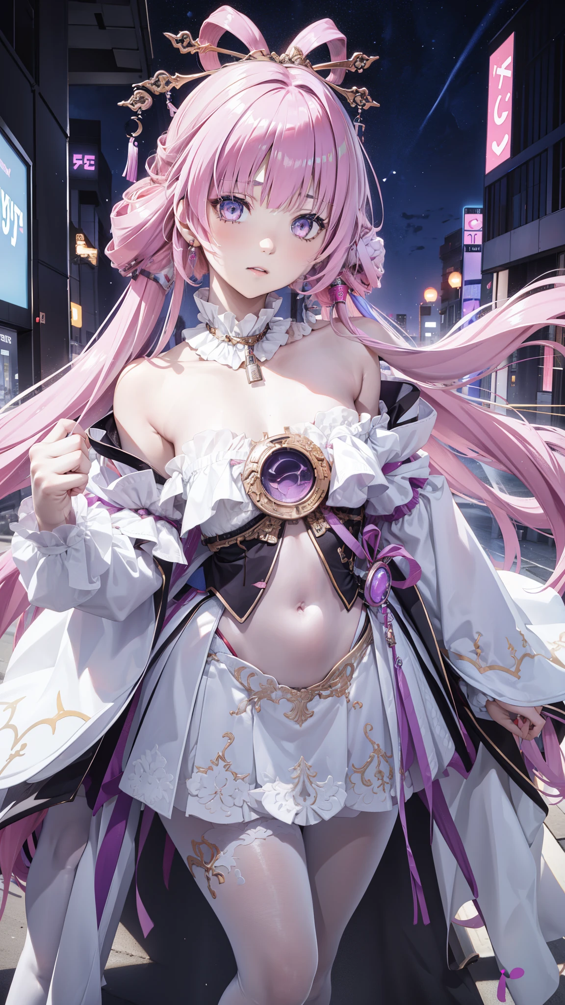 portrait, 1 Girl, pretty face , asymmetrical hair, Colorful hair, sash,pure white bodysuit , Cover your mouth, cover navel , separated sleeve , pink hair,grey eyes , hip vent , Slit Jacket, charming, watching the audience, Night City, neon , rain,