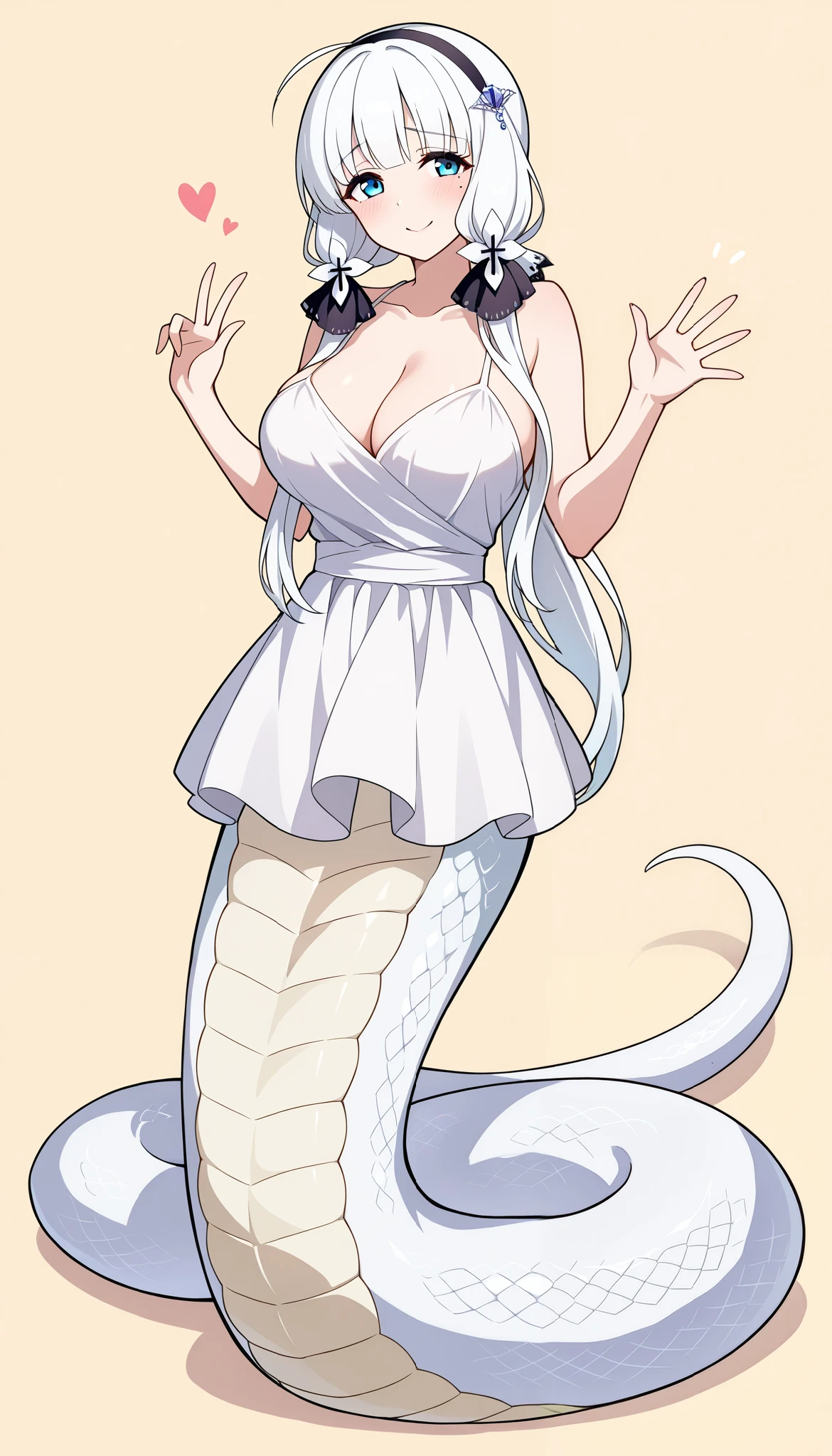 1girl,18s,long hair,white hair,ahoge,lamia tail,((white lamia tail)),forest,pointy ears,sleeveless,white shirt,(medium cleavage),happy,smile,blue eyes,open mouth,from side,waving,