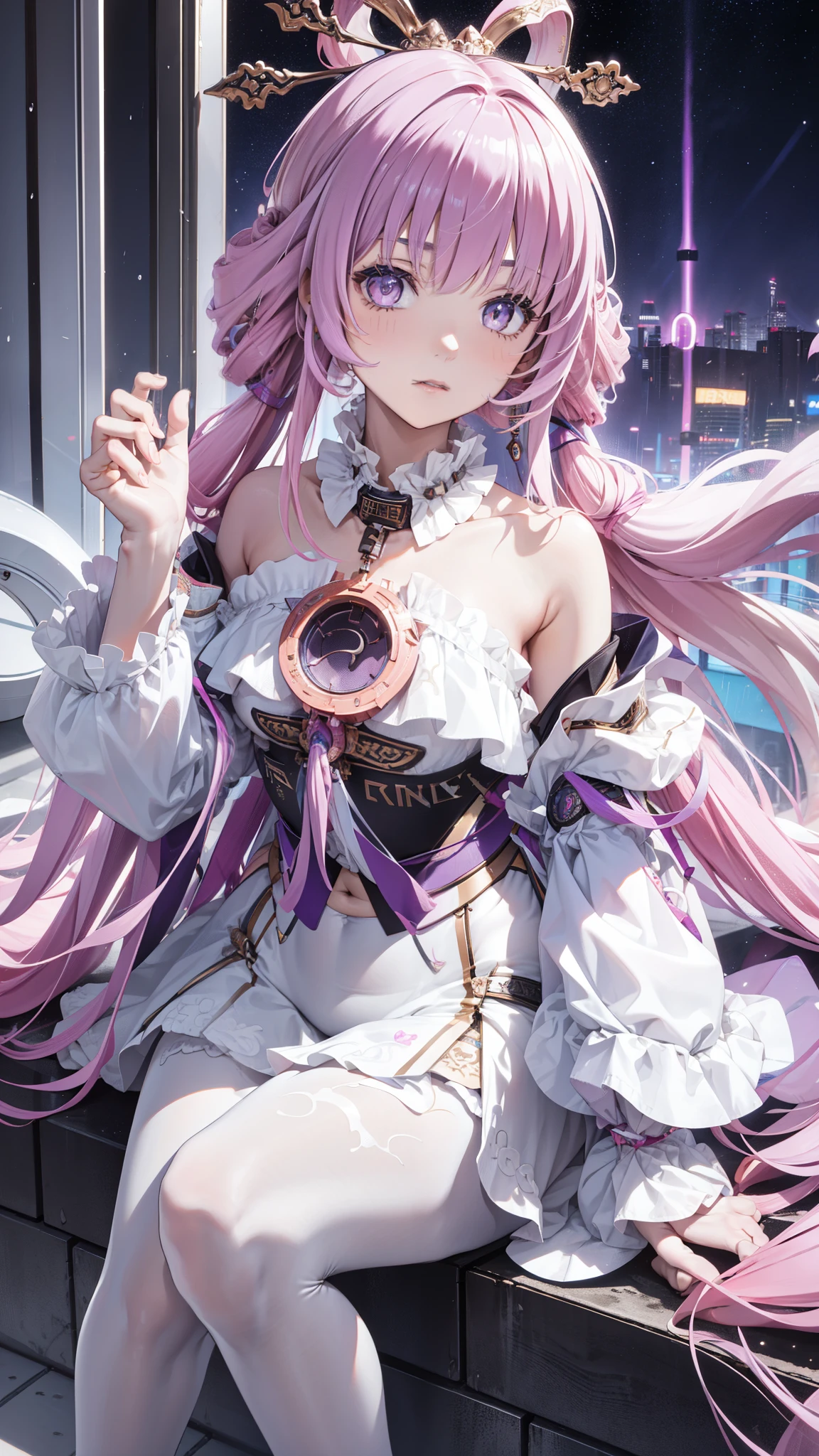 portrait,  1 Girl,  pretty face ,  asymmetrical hair, Colorful hair, sash,pure white bodysuit , Cover your mouth,  cover navel ,  separated sleeve ,   pink hair，grey eyes ,  hip vent , Slit Jacket,  charming,  watching the audience, Night City, neon  , rain,
