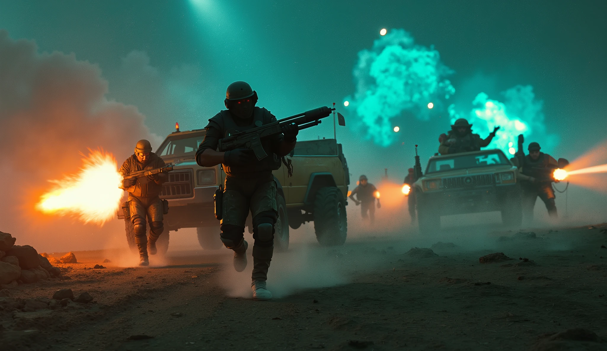 A medium shot captures a group of **rebel fighters** advancing on foot alongside their vehicles, ducking and weaving through the fiery chaos. One fighter, wielding a shoulder-mounted **RPG-7**, fires a glowing **rocket** toward the walls, its fiery exhaust trail cutting through the dark, misty night.
In the background, a **massive cyan plasma bolt** fired from a turret slams into the ground nearby, creating an explosion that sends **flaming debris** scattering across the battlefield. The rebel’s **burnt-orange tactical gear** reflects faint cyan and orange glows as the battle rages on. *(drk)*