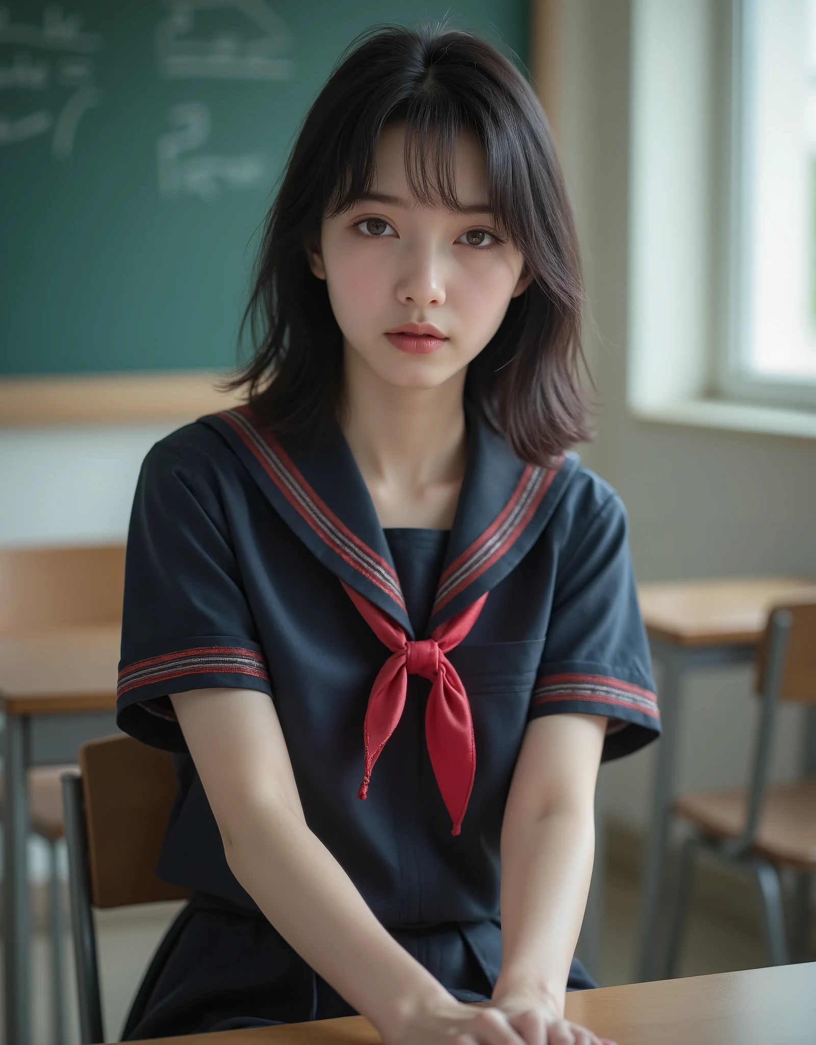 (Canon), (EOS R5), (50mm), ((( photorealistic:1.5))), (No lens flare :1.5), ((超 high resolution)), (masterpiece), accurate,( is presentな質感の肌), more details, high detail, high quality , Award-winning work , 最 high quality, 32K, depth of coverage, digital camera, award-winning glamour photo , professional lighting, (SFW), ((最 high quality:1.5)), ((masterpiece:1.5)), (( is present)), high resolution, is presentな影, Roughness, Real Life,( 1 Japanese woman so beautiful and cute), ((Very young and petite:1.8)), ((Quite ish:1.8)), ( The cuteness of Japan's top idol ), ((Upper body shot seen obliquely from the front :1.5)), (( upper body shot from head to knee :1.5)), ((A cute Japanese girl)), (( middle school clas chair, blackboard, and window visible )), ((( A navy blue short sleeve sailor suit with 3 red lines :1.8))), (((襟と胸当てが紺色で3本の赤色ラインがある半袖の紺色夏服セーラー服と dark blue flare skirt を着て椅子に座っている:1.8))), (( short sleeve navy blue sailor suit with dark blue collar and breastplate :1.8)), ((The breastplate of a sailor suit is dark blue and has 3 red lines :1.5)), ((3 red lines :1.8)), (( dark blue flare skirt :1.5)), (((セーラー服用のRed scarf:1.8))), (((Red scarf:1.8))), ((Navy blue scarf closure :1.5)), (( no front buttons on a sailor suit :1.8)), ((( no accessories:1.9))), ((( No Earrings :1.8))), (((Without necklace:1.8))), (( a very cute high school girl who feels young )), Attractive cuteness , seductive pose holding hands, Height: 150cm, slim figure, Quite small bust, A cup, ((少し歯が見える very cute smile:1.5)), ( alone:1.5), (There is only one person in the classroom), ( brown eyes:1.9), ( Detailed depiction of extremely realistic skin ), (Highly detailed, realistic eyes:1.9), (Very beautiful, long, realistic eyelashes), (Highly detailed, realistic eyebrows), (丸い brown eyes :1.8), ( beautiful catchlight on the eyes), (Realistic lips with moisture ), ( white realistic teeth arranged neatly), ( Beautiful and Detailed Face :1.6), ( Thin Waist:1.5), ( very small bust :1.8), ( clearly contoured cheekbones :1.5), ( perfectly styled body :1.8), (Healthy body :1.8), (Narrow shoulders:1.9), ( viewers), ( seductive gaze), (Beautiful, natural-looking hands), (Short, straight, natural nails), ( show your hands as little as possible ), ( very cute smile:1.1), ( her stomach and navel may be slightly visible:1.4), (straight black hair short hair :1.3), ( beautiful black hair), ( has bangs), Natural atmosphere, Very cute type, beautiful thighs, (( evening classroom )), (( with a pencil case and notebook on her desk :1.4)), (( show your hands as little as possible )), ((I can't show my feet)), blur background, Illuminate the face, cute pose , beautiful body line , Beautiful, realistic skin , Art Photography, beautiful soft lighting , accurate手の形, accurate指の形, accurate指の数,5 fingers on one hand ,((No watermark, No signature))