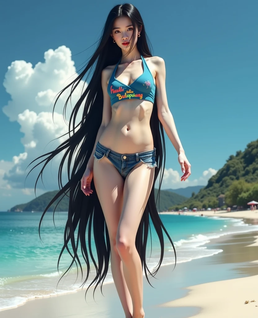 's body, 1 girl, cute girl, pretty face, bitter smile, 12 yearsful black long hair, beautiful eyes, flat chest, small build, short torso, Small buttocks, No muscles, white skin, Very small bikini, micro bikini, see-through, Under the sea