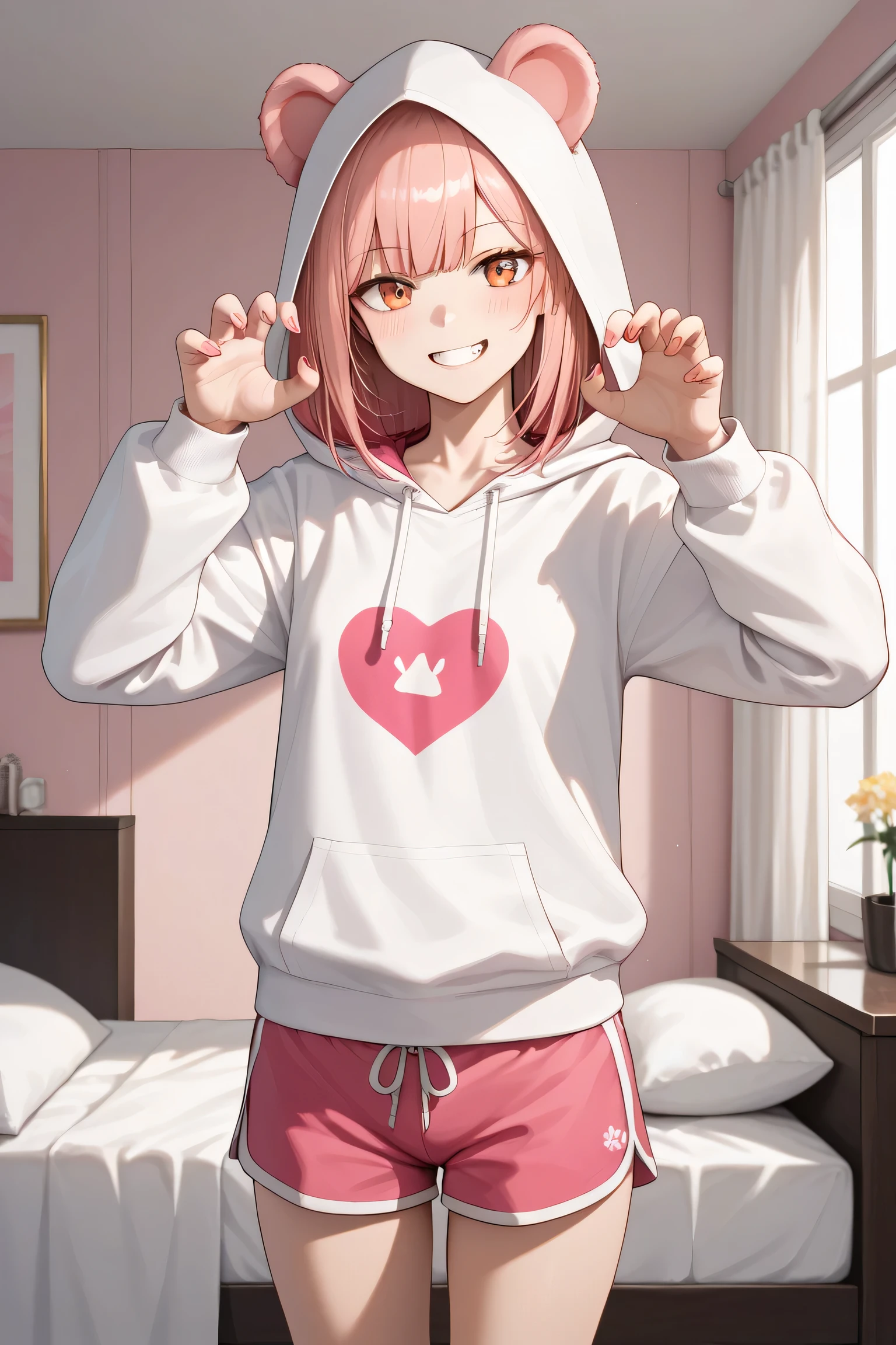 masterpiece, best quality, highly aesthetic, absurdres, ladic, valtor, inoue kiyoshirou, (kuroboshi kouhaku, onono imoko:0.7), 1girl, solo, nagant revolver \(girls' frontline\), white hoodie, animal ear hood, bear ears, dolphin shorts, pink shorts, grin, looking at viewer, standing, cowboy shot, claw pose, contrapposto, bedroom, pink theme