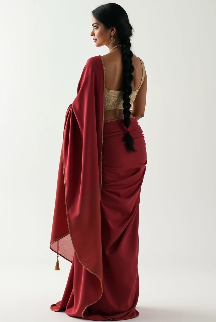 30 year old plump indian women with big brown eyes, full red lips, maroon saree and black blouse,embroidery,showing her perfect back to camera in saree,saree below her waist