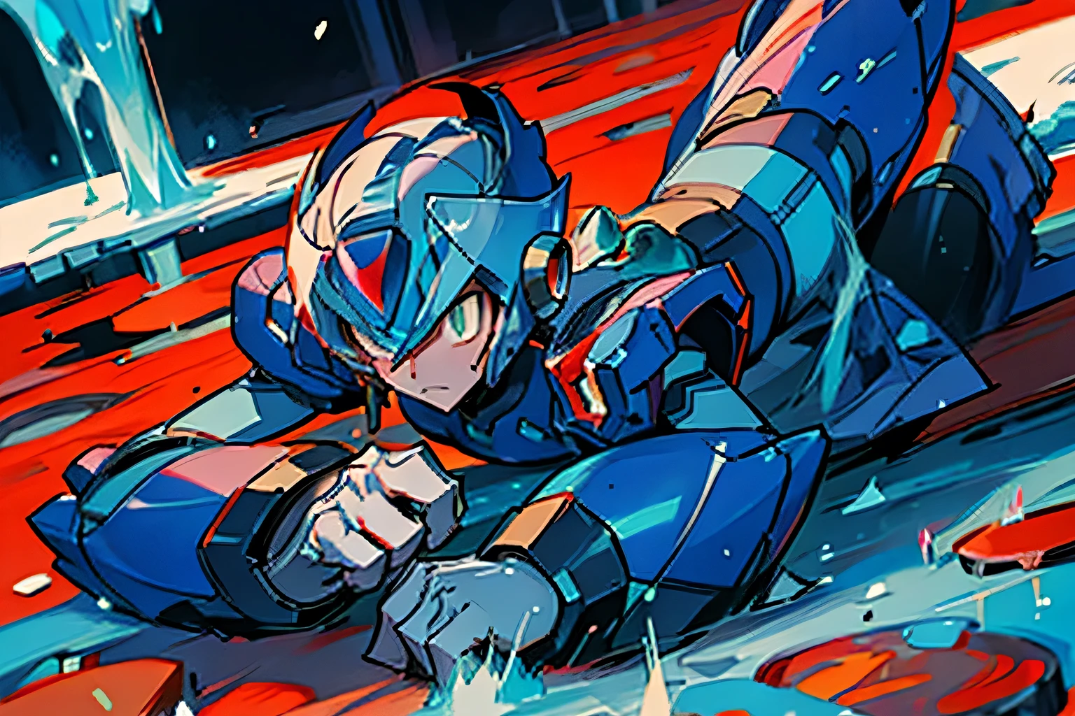 Megaman X OC, red hair, Megaman X character, Ice cave, Character Death, Frozen, Thrown away, Blue Glasses, Male, One male, Lying on the ground, Defeated, Robot, Male Robot, Big red shoes, Megaman X Armor, Silver chest, Yellow Arms