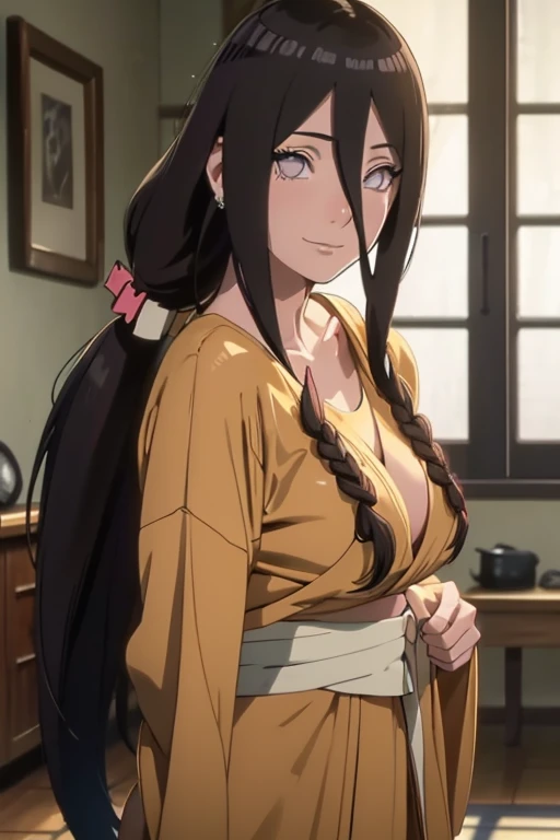 masterpiece, absurdres , (intricate details), (colorful),cinematic lighting, bust shot, extremely detailed CG unity 18k wallpaper, 1girl, hanabi hyuga, bigbreasts, long hair، brown hair, wide pupils, complete Apron, nude, naked apron, kitchen, blush, looking at viewer, high detail, 1080p, 18k,