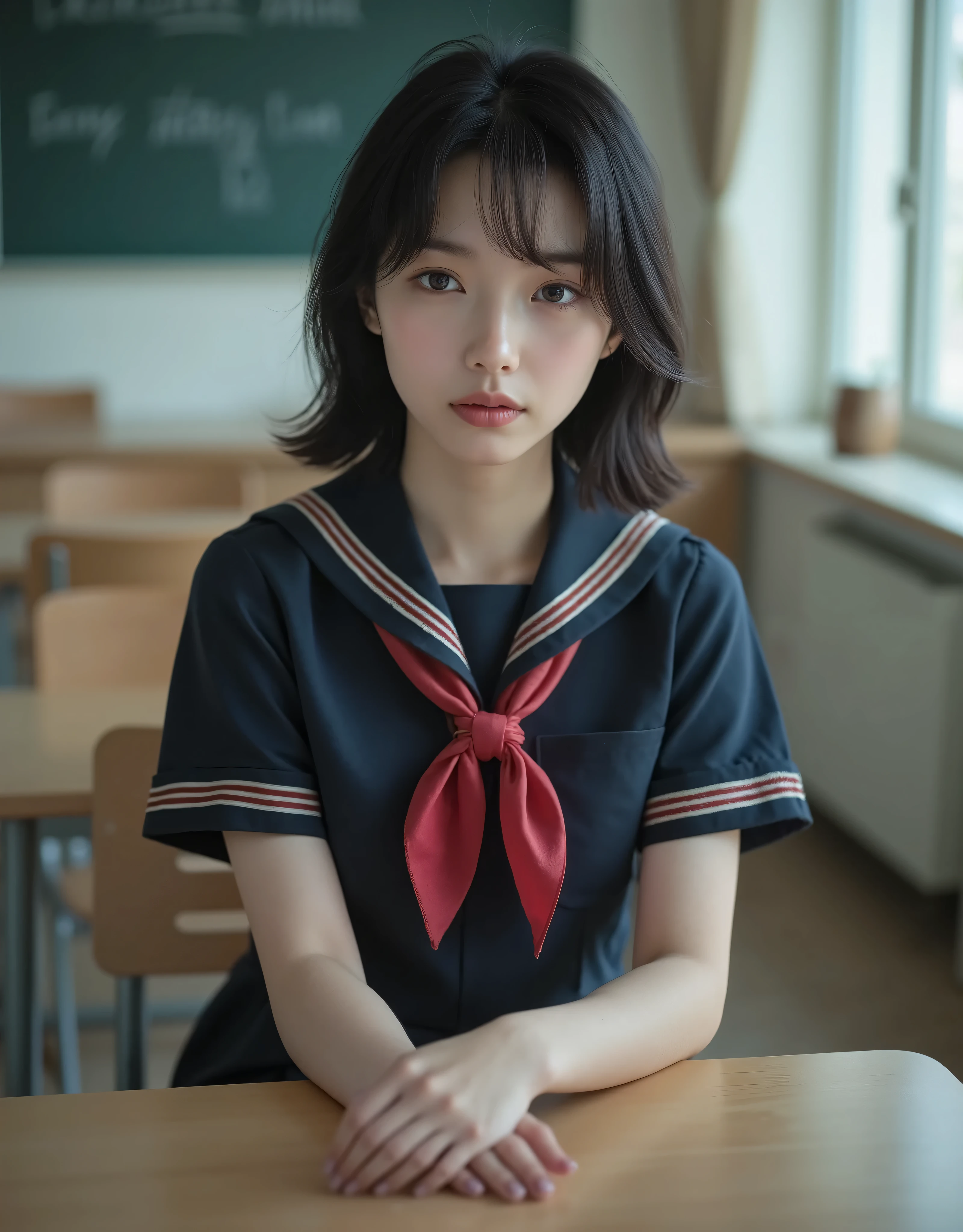 (Canon), (EOS R5), (50mm), ((( photorealistic:1.5))), (No lens flare :1.5), ((超 high resolution)), (masterpiece), accurate,( is present な質感の肌), more details, high detail, high quality , Award-winning work , 最 high quality, 32K, depth of coverage, digital camera, award-winning glamour photo , professional lighting, (SFW), ((最 high quality:1.5)), ((masterpiece:1.5)), (( is present )), high resolution, is present な影, Roughness, Real Life,( 1 Japanese woman so beautiful and cute), ((Very young and petite:1.8)), ((Quite ish:1.8)), ( The cuteness of Japan's top idol ), ((Upper body shot seen obliquely from the front :1.5)), (( upper body shot from head to knee :1.5)), ((A cute Japanese girl)), (( middle school clas chair, blackboard, and window visible )), ((( A navy blue short sleeve sailor suit with 3 red lines :1.8))), ((( The collar and breastplate are dark blue and have 3 red lines, a short-sleeved navy blue summer suit sitting on a chair wearing a sailor suit and a dark blue flare skirt:1.8))), (( short sleeve navy blue sailor suit with dark blue collar and breastplate :1.8)), ((The breastplate of a sailor suit is dark blue and has 3 red lines :1.5)), ((3 red lines :1.8)), (( dark blue flare skirt :1.5)), (((Red scarf for sailor suit :1.8))), (((Red scarf:1.8))), ((Navy blue scarf closure :1.5)), (( no front buttons on a sailor suit :1.8)), ((( no accessories:1.9))), ((( No Earrings :1.8))), (((Without necklace:1.8))), (( a very cute high school girl who feels young )), Attractive cuteness , seductive pose holding hands, Height: 150cm, slim figure, Quite small bust, A Cup, (( Very Cute Smile :1.5)), ( alone:1.5), (There is only one person in the classroom), ( brown eyes:1.9), ( Detailed depiction of extremely realistic skin ), (Highly detailed, realistic eyes:1.9), (Very beautiful, Long, realistic eyelashes), (Highly detailed, realistic eyebrows), (丸い brown eyes :1.8), ( beautiful catchlight on the eyes), (Realistic lips with moisture ), ( white realistic teeth arranged neatly), ( Beautiful and Detailed Face :1.6), ( Thin Waist:1.5), ( very small bust :1.8), ( clearly contoured cheekbones :1.5), ( perfectly styled body :1.8), (Healthy body :1.8), (Narrow shoulders:1.9), ( viewers), ( seductive gaze), (Beautiful, natural-looking hands), (Short, straight, natural nails), ( show your hands as little as possible ), ( very cute smile:1.1), ( her stomach and navel may be slightly visible:1.4), (straight black hair short hair :1.3), ( beautiful black hair), ( Has bangs), Natural atmosphere, Very cute type, beautiful thighs, (( evening classroom )), (( with a pencil case and notebook on her desk :1.4)), (( show your hands as little as possible )), ((I can't show my feet)), blur background, Illuminate the face, cute pose , beautiful body line , Beautiful, realistic skin , Art Photography, beautiful soft lighting , Accurate , Accurate , Accurate,5 fingers on one hand ,((No watermark, No signature))
