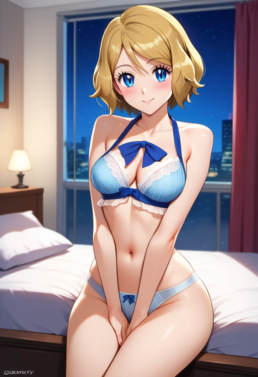 ((top-quality、8K、masterpiece:1.3))、foco nítido:1.2、Beautiful Women in Perfect Style:1.4、Slender Abs:1.2、((a blond、Colossal tits:1.2))、(natural soft light、Bedrooms:1.1)、Highly detailed facial and skin texture、A detailed eye、二重まぶた、Saber(Fatestay Night)、Light blue leotard、Nasty smile、A smile that invites a man、sitting with one's legs spread、Red cheeks、Full body like、Nipple emphasis、Emphasize
