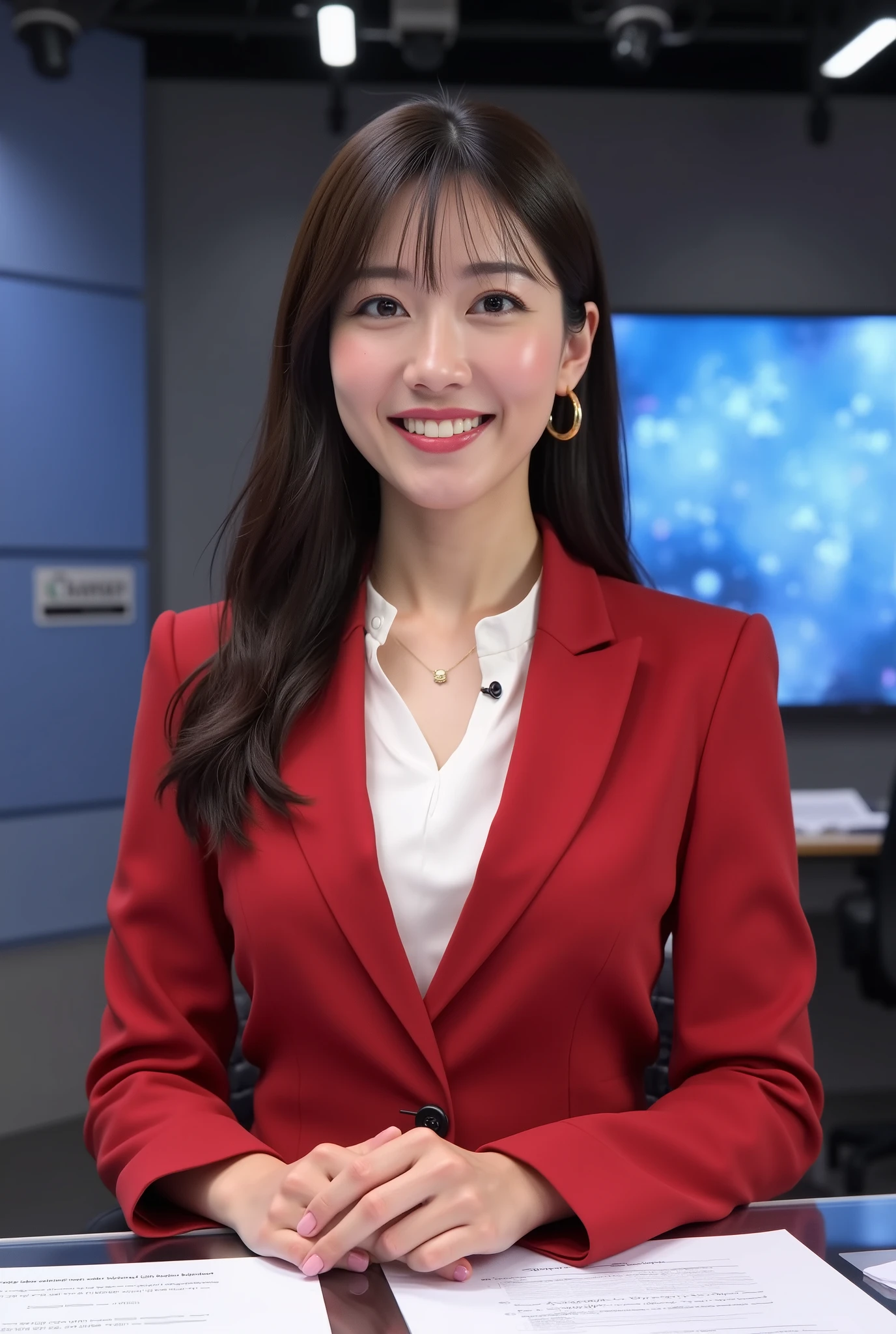 Front view, Full body, Front view, female New news anchor, 1 beautiful Japanese women ,30-age, (black straight middle hair, fringe, gold earring ,smile) ,(D cup breasts, middle hip), (White elegant blouse, red one button Jacket), (red middle skirt, black pantie stocking, black leather long boots) , News Studio, in News room, NHK studio, desk , chair, paper on desk, back big monitor, (super detailed, High Details , High Quality , Accurate, anatomically correct , textured skin, beautiful fingers super detailed, High Details , High Quality , High Quality )