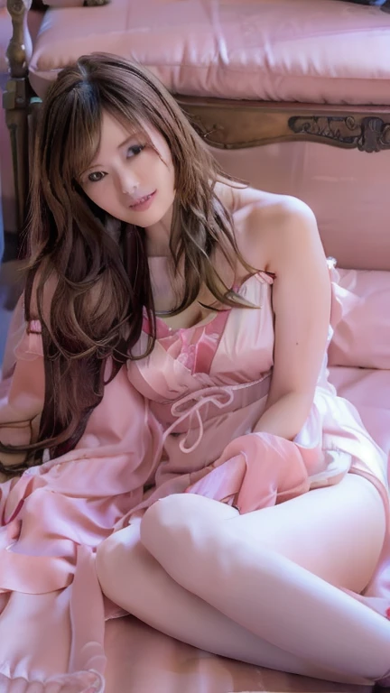 Long-range shooting，Sleeping girl, 22 years old, Practical, Original Photography，Cute style，Sexy style，She was wearing a long pink nightgown, Perfect body，Very long hair，Very detailed face，Exquisite eyes，Beautiful long legs