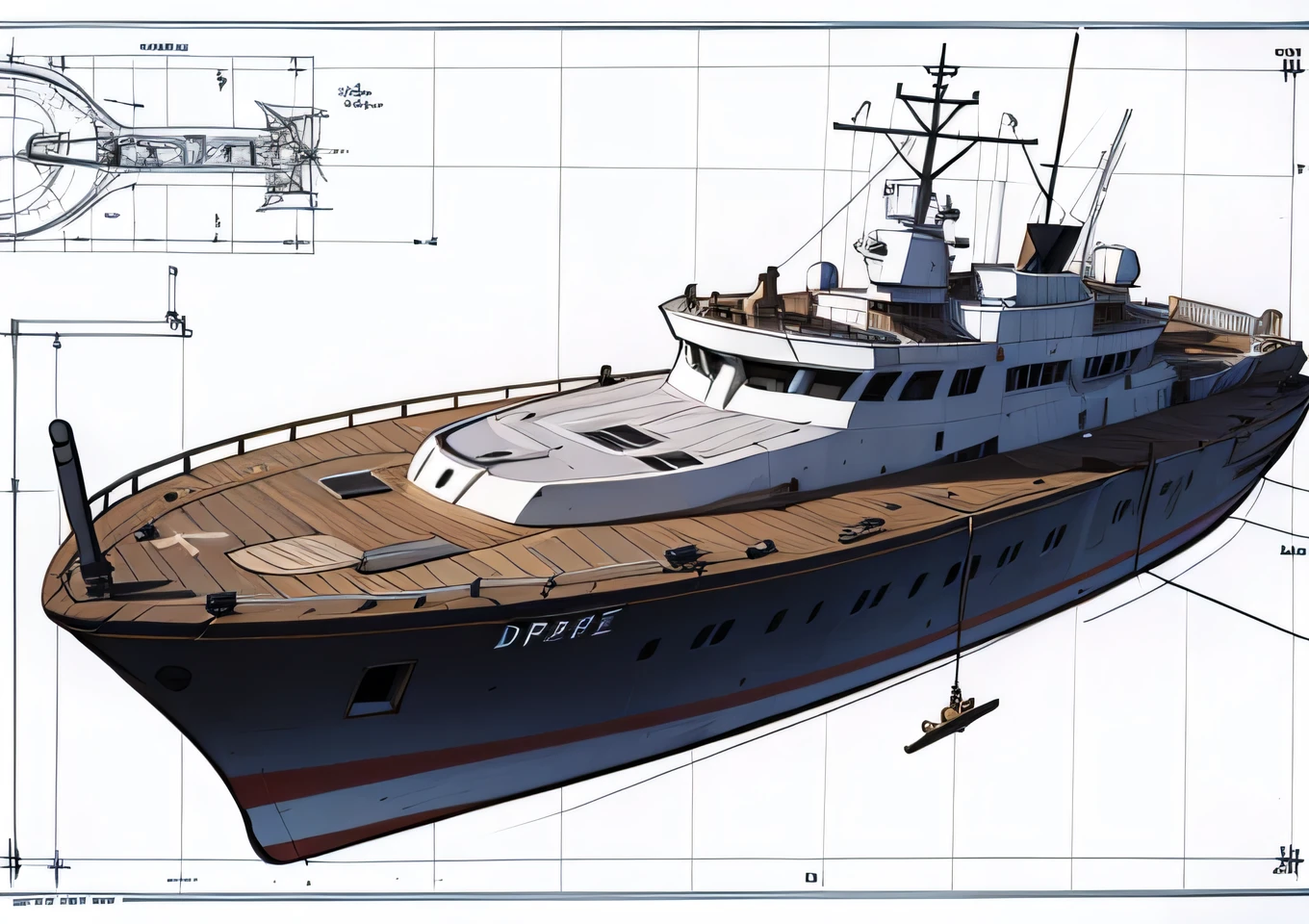diesel war boat blueprint, three view, concept sketch blueprint,masterpiece, best quality ,high resolution,British