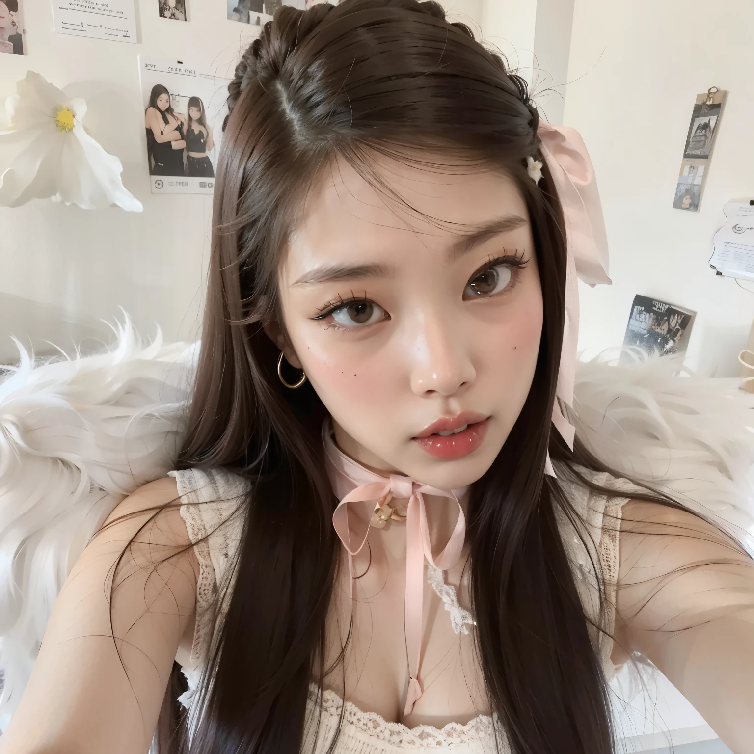 Arafed woman with angel wings and a pink bow posing for a photo, Wearing angel halo covered face., wearing a pink hair bow, con pelo largo y ojos penetrantes, pelo negro y ojos grandes, con pelo negro liso, bella delfina, brown hair and big eyes, ojos grandes y cabello largo y suelto, doll face, dulce conejita ultrarrealista, jointed doll