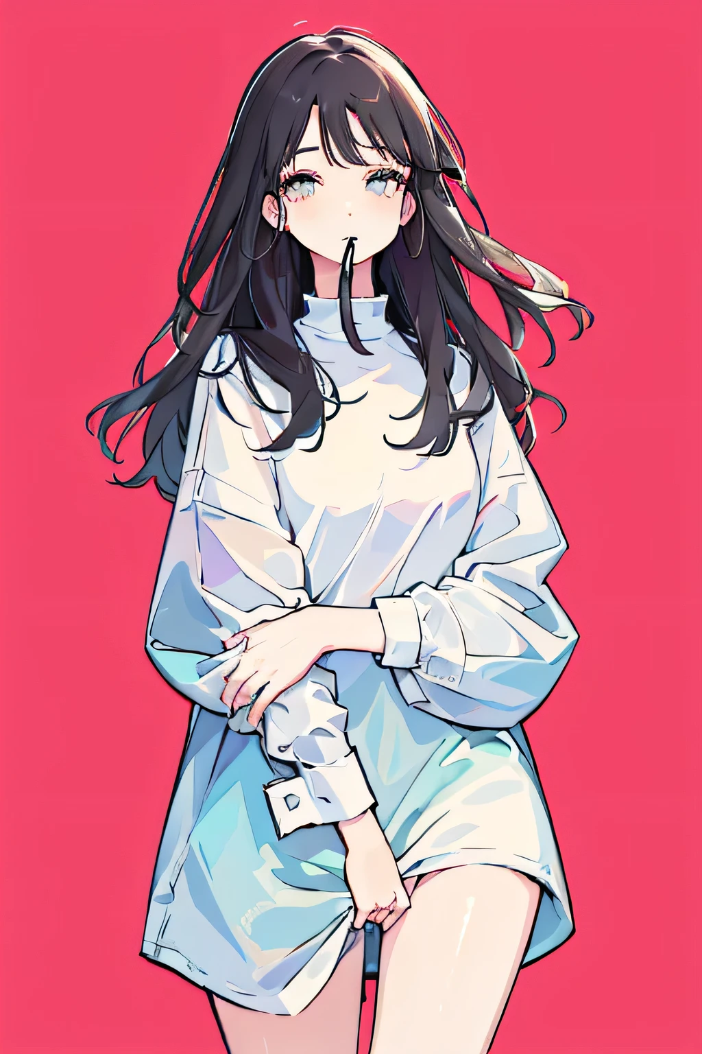 A stunning illustration of a beautiful girl with glossy black hair that shimmers in rainbow hues. She wears a loose-fitting oversized men's white shirt, casually draped over her slender frame, with the long sleeves concealing her hands. She holds the sleeve cuff to her mouth, her large, expressive eyes gazing upward with a hint of shyness. Her cheeks are softly flushed pink, and her long lashes add to her delicate charm. The background bursts with vibrant, colorful heart silhouettes floating in a cheerful and whimsical atmosphere