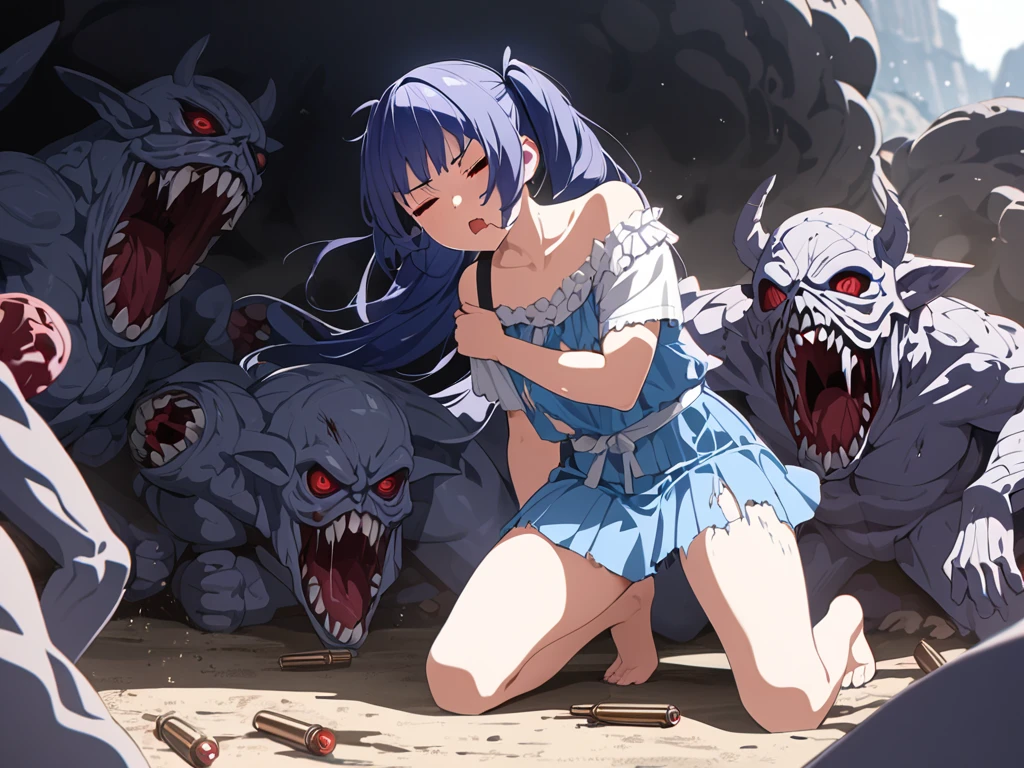Many monsters attack、(((masterpiece, Highest quality:1.3,absurdres))),nsfw,25 year old beauty,solo,((very small head:1.3)),long hair,bangs,dark blue hair,dark blue eyes,gorgeous eyes,Pain、medium breasts,((very long body:1.2)),((toned body,slender body)),skinny,(tan skin),gleaming skin,shiny skin,sweat,((ripped jeans)),((White tube top,navel、Injury、Torn clothing)),kneeling,(Bitten by a monster、Lots of monsters),Collapsed building,Tokyo、at night、