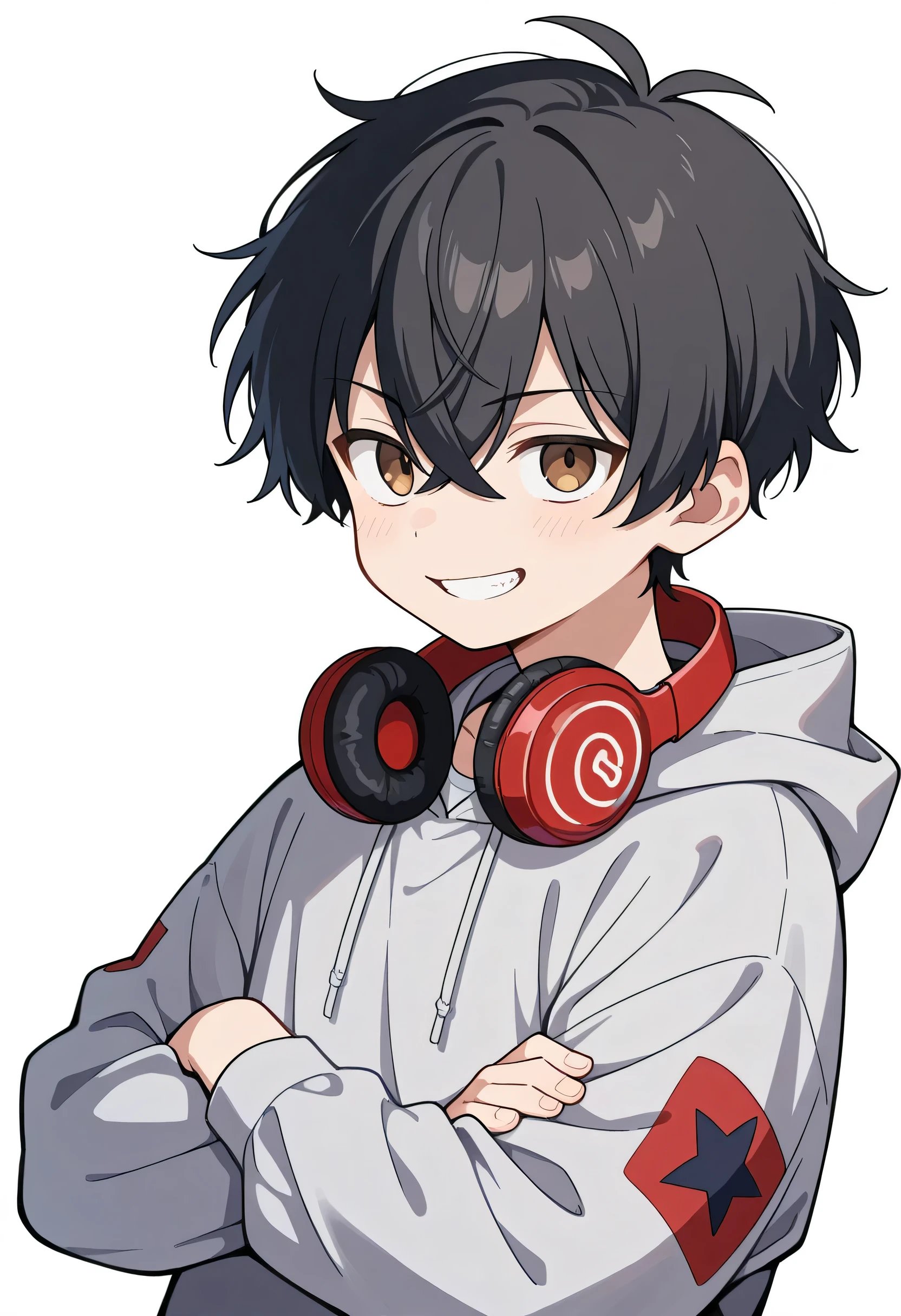 score_9, score_8_ up, score_7_ up, score_6_ up, depth of coverage, solo,young man,30years old,man's eyes,black short hair,crossed bangs,taller,ハンサムな顔, grin,gray parka,sideview,crossed arms,Put the 1headphones around your neck,(whole body length), white background,
