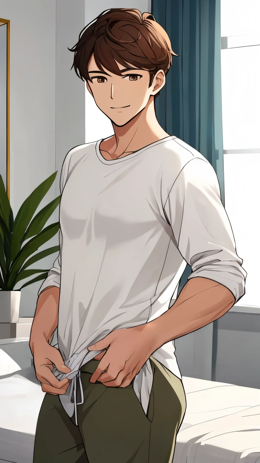 best quality, masterpiece, scrawny and tall 18 year old boy, freckles, messy light brown hair, big glasses, confused expression, wearing baggy loose grey sweatpants, topless, in simple bedroom, big bulge, sexy, gay, homoerotic, perfection, no watermark, no logo, no signature