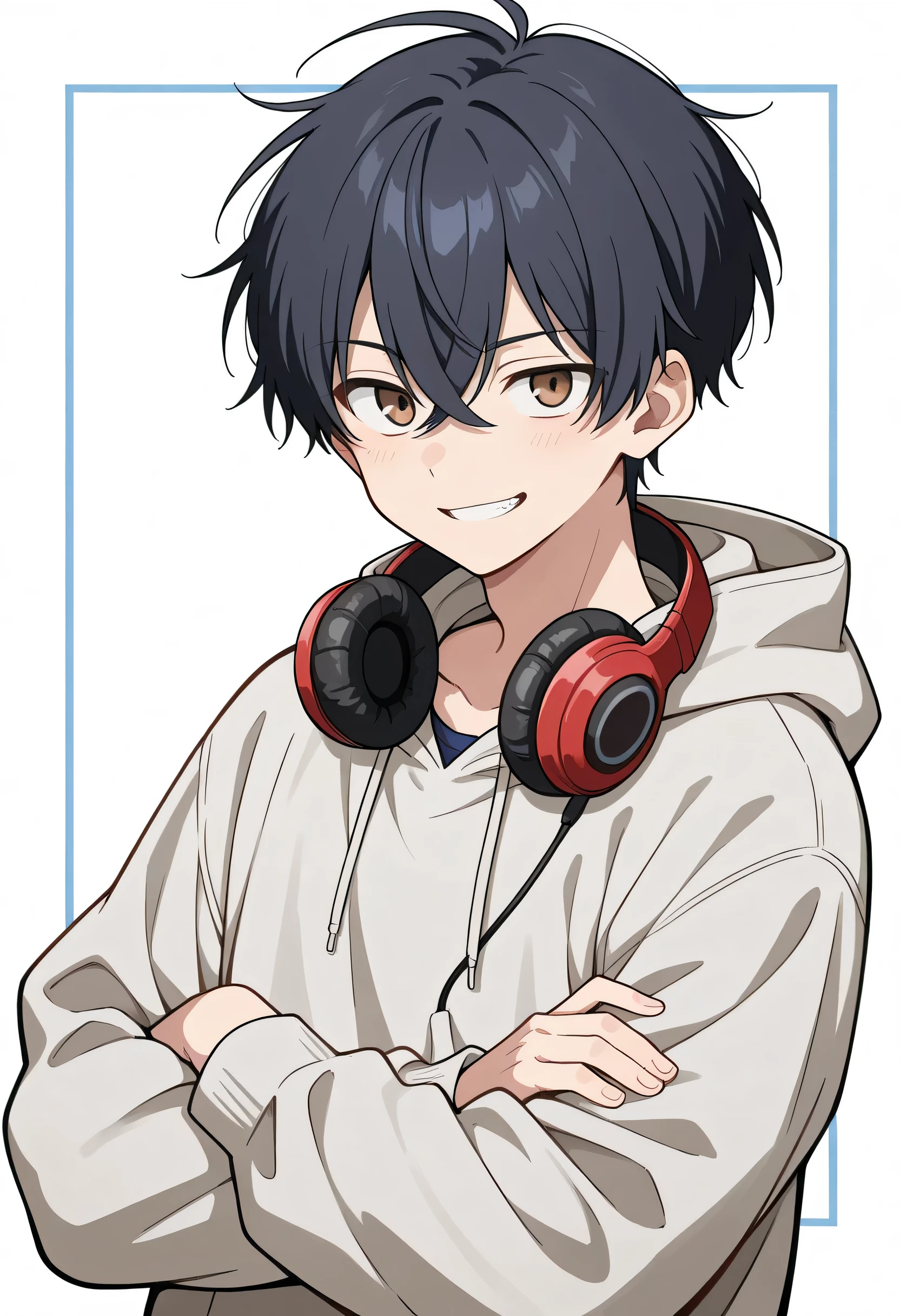 score_9, score_8_ up, score_7_ up, score_6_ up, depth of coverage, solo,young man,30years old,man's eyes,black short hair,crossed bangs,taller,ハンサムな顔, grin,gray parka,sideview,crossed arms,Put the blue 1headphones around your neck,(whole body length), white background,