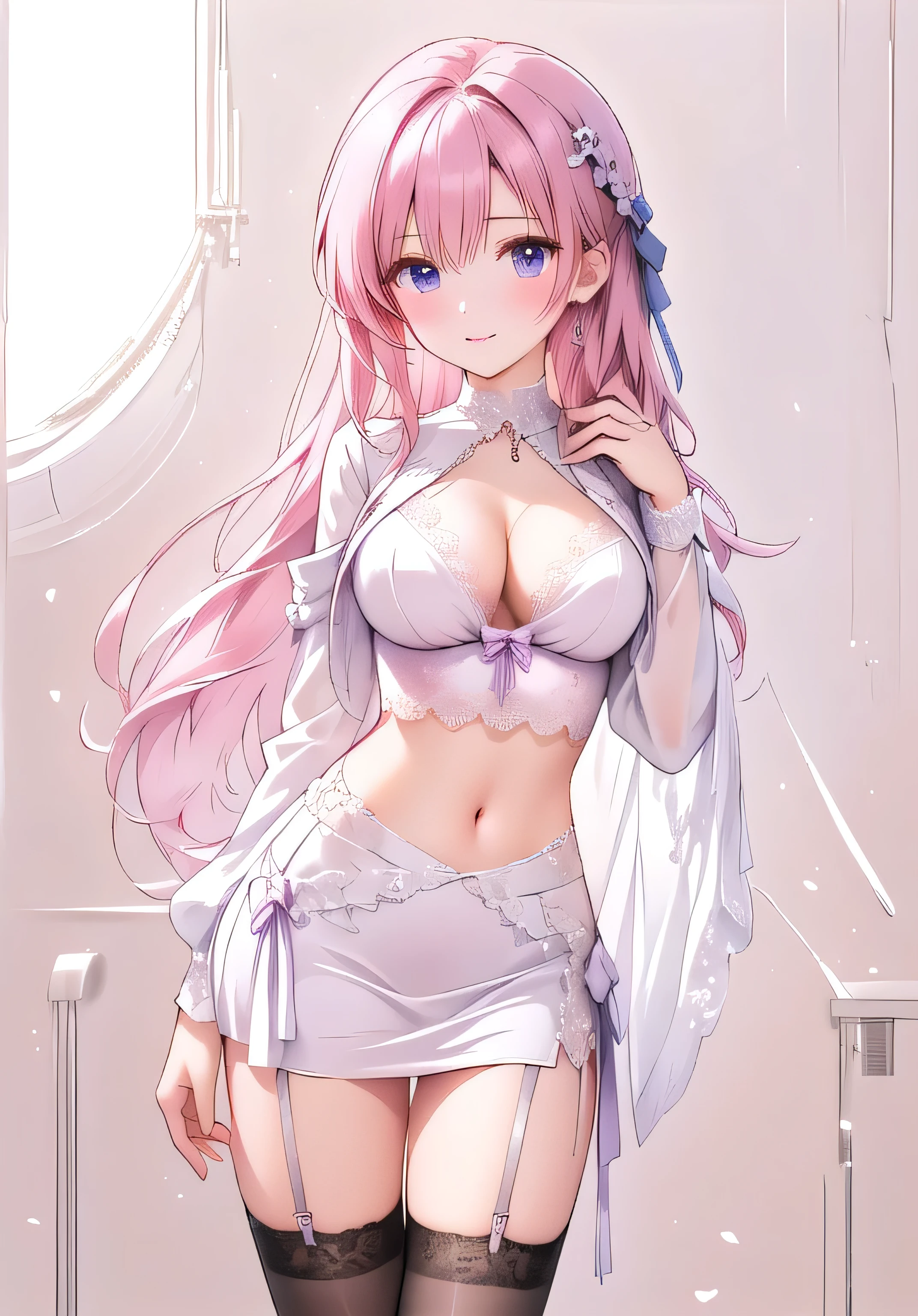 a drawing of a very beautiful 27-year-old woman with long hair, with a blouse with a neckline is visible her bra with lace , wearing a short skirt and panties , with lace tights , anime sketch, an anime drawing, inspired by INO, goth anime girl , anime-style character , Pose casual, anime woman, anime drawing, anime style drawing , anime character , shaded anime , Old sketch, anime girl image, in an anime style, shaded anime ), Ecchi anime style