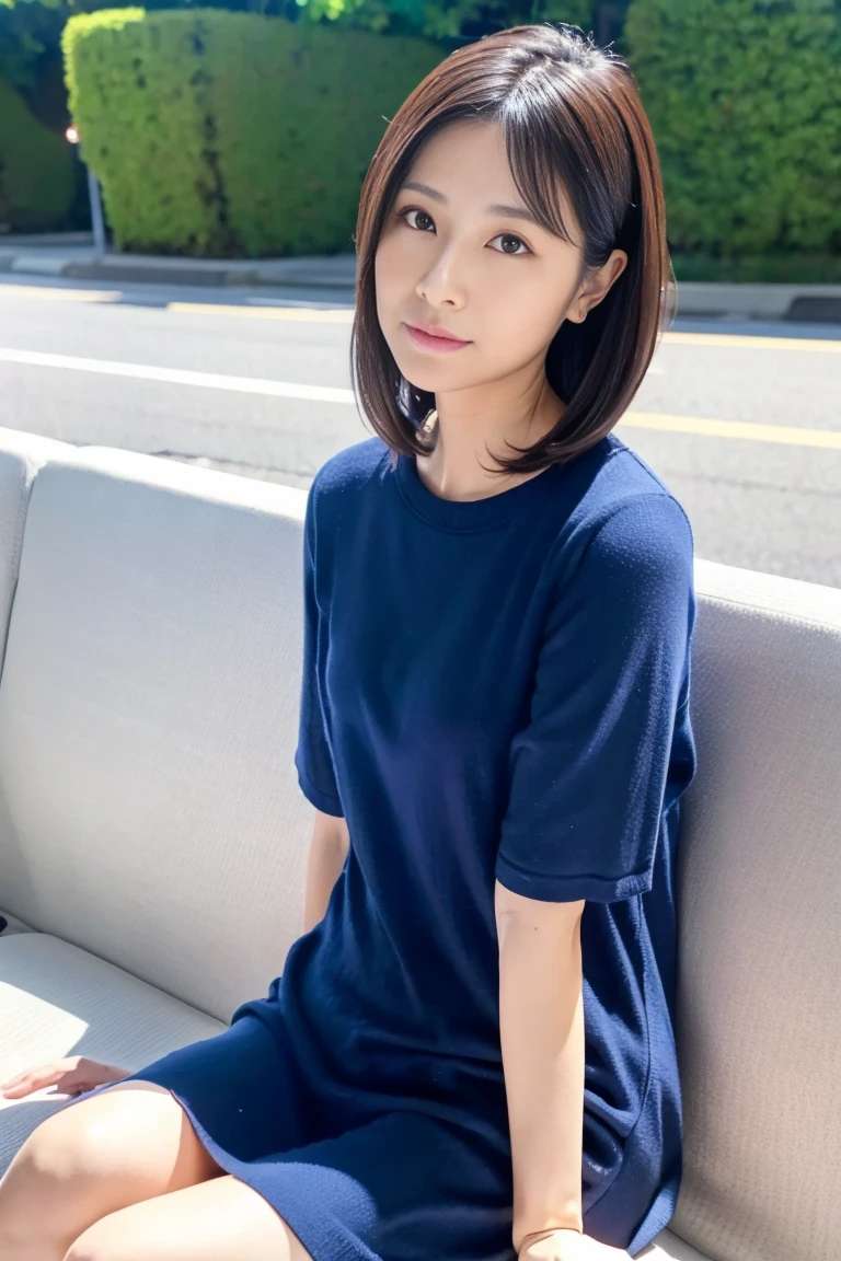 masterpiece, best quality, illustration, ultra-detailed, finely detailed, high resolution, 8K wallpaper, perfect dynamic composition, beautiful detailed eyes, cafe, casual clothing, short hair, cheerful expression, cute, smile, looking at camera