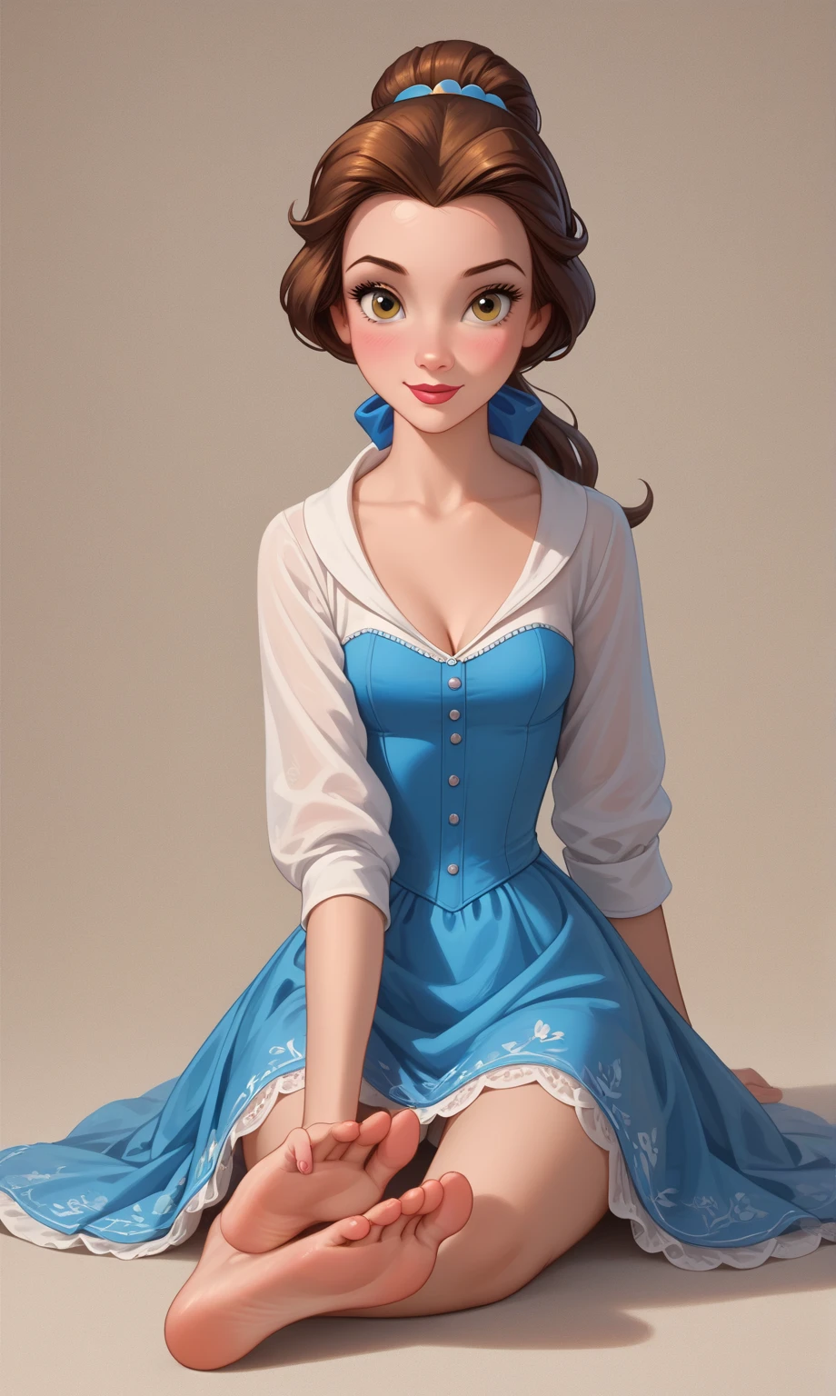 PonyXLV6_Scores ,source_anime, masterpiece,best quality, highly detailed, full body view,BREAK Belle, 1girl, porcelain doll, solo, brown hair, hazel eyes, naughty face, small beautiful feet, blue bow, ponytail, Disney 3D render, (Belle showing her soles to the viewer)