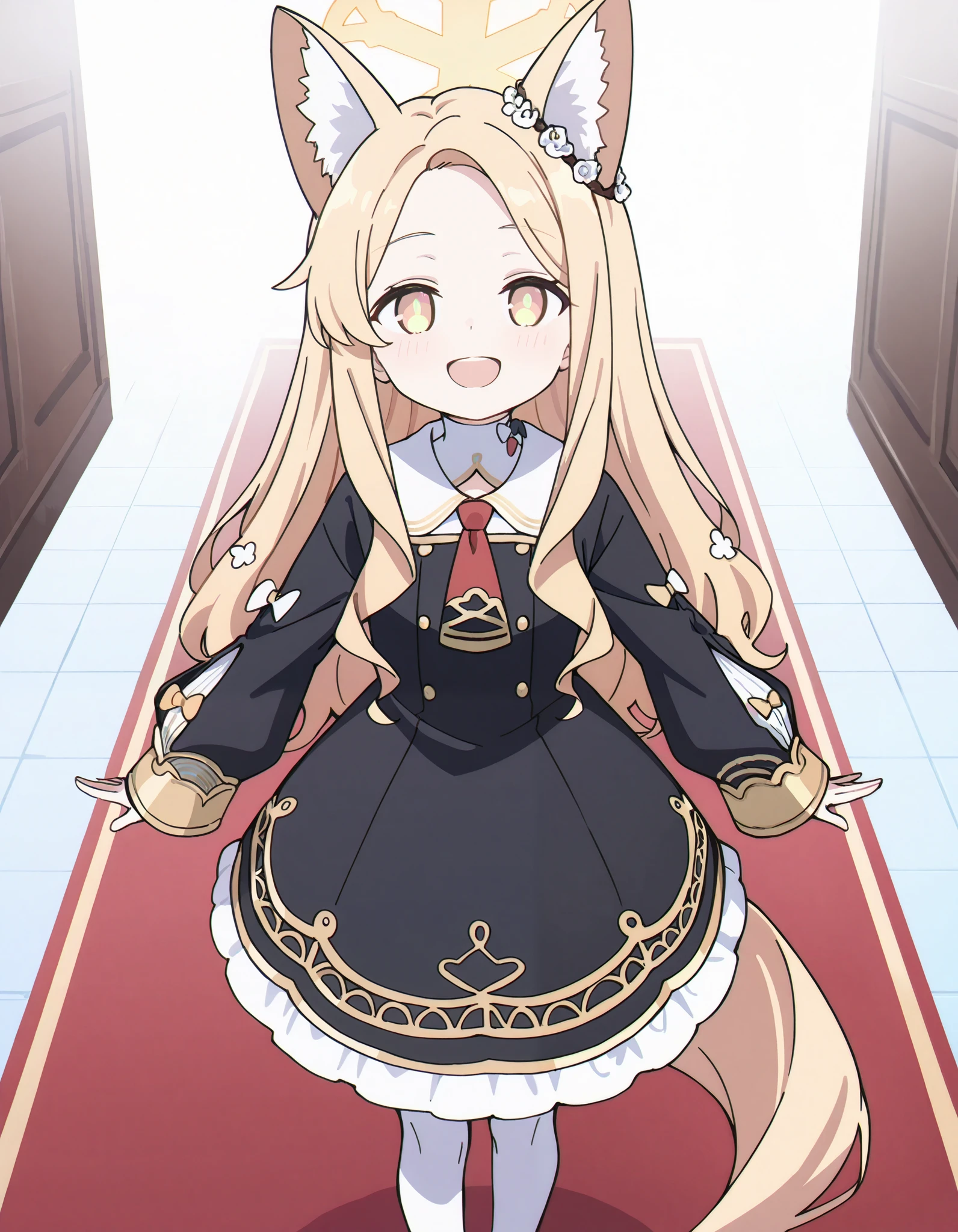 Masterpiece, hd, seia, seia yurizono, blue archive, yellow eyes, blonde hair, very long hair, fox ears, hair ornament, hair flower, halo,1girl,solo,dress, gold trim, red ribbon,smile,black dress,school uniform,collared shirt,eden academy school uniform, looking at viewer, open mouth, smile, happy, standing, indoor