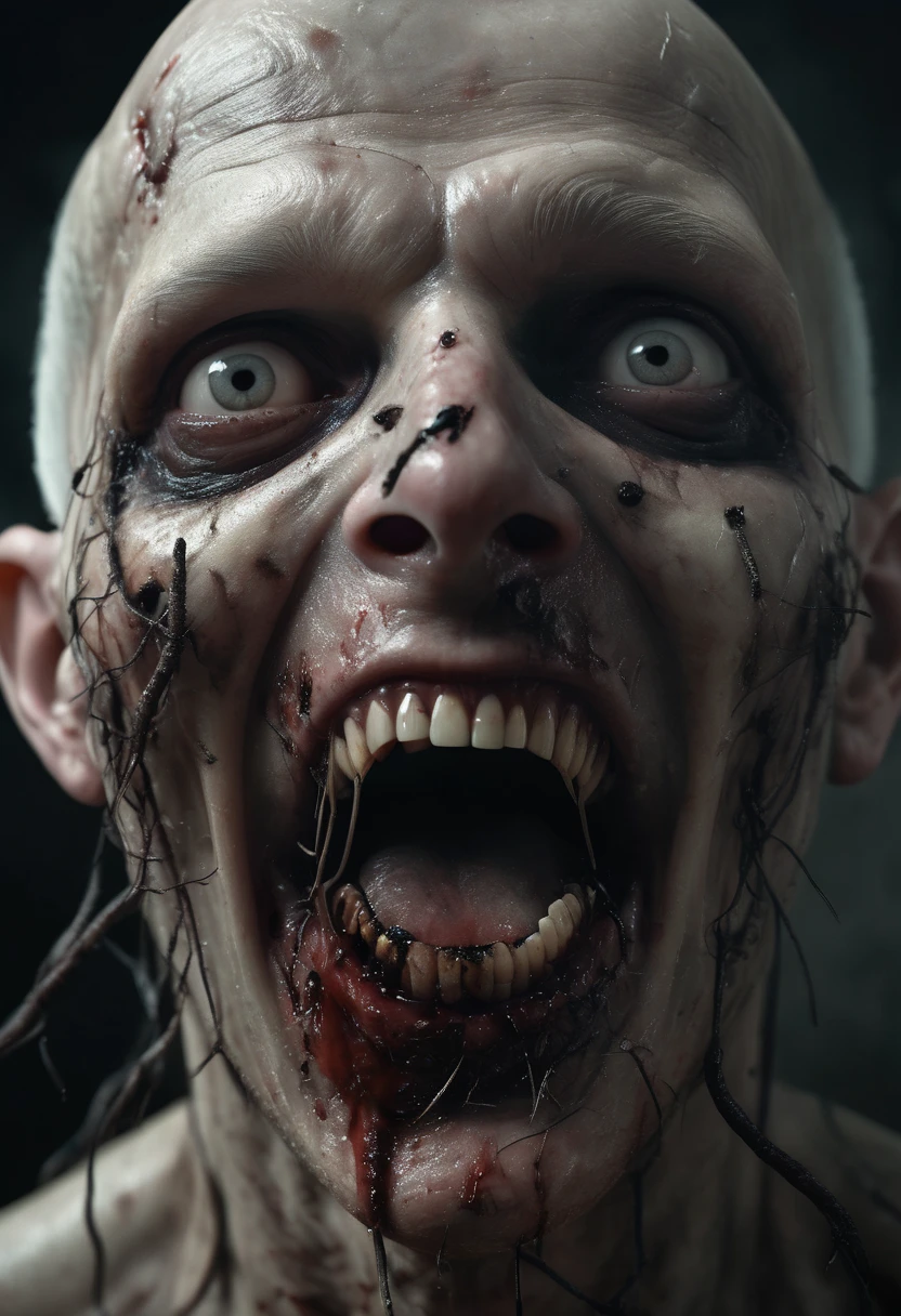 A ghostly male figure, nearly bald with a few strands of white hair, his scalp infested with crawling bugs, blackhole eyes exposing the empty eyea sockets, dirty soil-stained teeth, a rotten bloody nose, and pale transparent skin, staring at the camera with an eerie and sinister open mouth, (best quality,4k,8k,highres,masterpiece:1.2),ultra-detailed,(realistic,photorealistic,photo-realistic:1.37),horror,dark fantasy,dark art,creepy,unsettling,ominous,chiaroscuro lighting,dramatic lighting,muted colors,sickly pallor