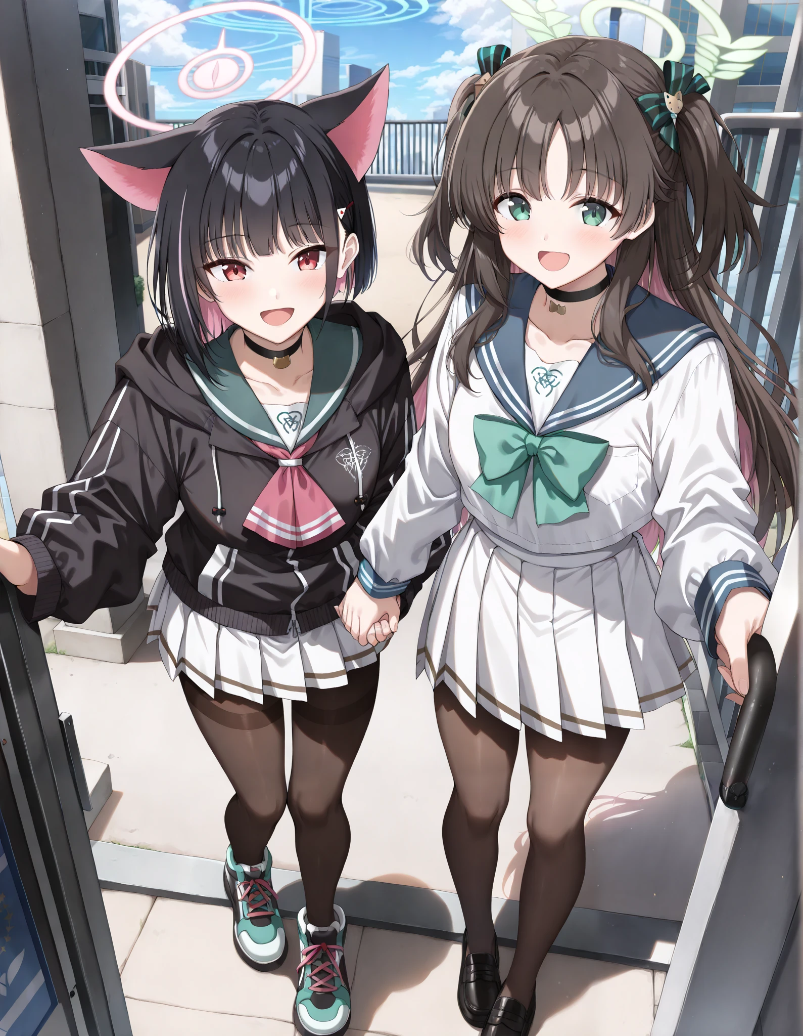 Masterpiece, realistic, solo, hd, best quality, 2girl, 2 girl standing each other, holding hands, ((airi, kurimura Airi, blue archive character,green eyes, black hair, long hair, hair ornament,green halo, sailor collar, white shirt, long sleeves, green bowtie, white skirt, black frills, thighhighs, black footwear, smile, happy)), ((Kazusa, blue archive, blue archive character, trinity, short hair,skirt,black hair,hair ornament,red eyes,long sleeves,animal ears,jacket,pink hair,pantyhose,sidelocks,pleated skirt,choker,hairclip,cat ears,hood,miniskirt,sailor collar,black jacket,neckerchief,black pantyhose,black choker,halo,white skirt, blue sailor collar, wearing hoddie,colored inner hair,black hoodie,pink neckerchief, smile, opened mouth, happy)), standing, outdoor