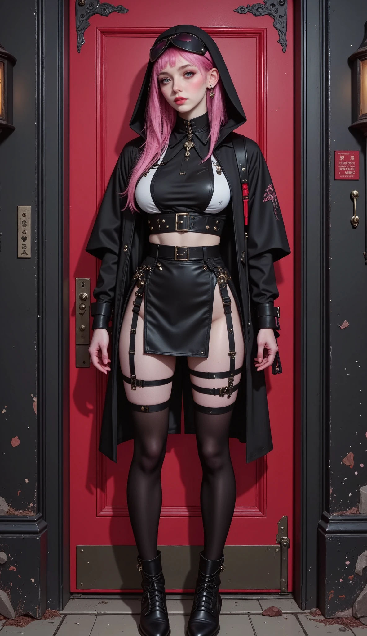 a goth girl, Dark, wearing a black suit and pink hair standing in front of a red door, dressed in crustpunk gothic clothing , gothic hat with aviator lenses , gothic punk clothing, dressed in punk clothes, punk outfit, rosa and black, totally black cyberpunk clothing , 20-year-old goth anime girl , wearing a punk outfit, punk rock clothing , cruel coreano gótico chica, Gothic outfit