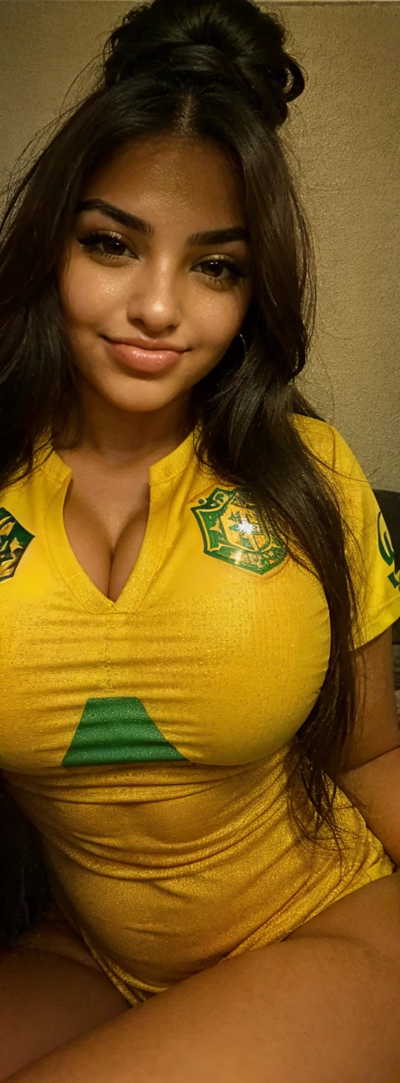 a beautiful woman, mexican, latina, dark brown skin, 18 years old with medium length brunette hair in a high pigtails, beautiful brown eyes, masterpiece, best quality, (photorealistic:1.4), large size breasts, big ass, Perfect Slim body, no clothes, no bikini, no underwear, no pubic hair, brown eyes, nipple jewelry, Full body, pregnant, extra large pregnant stomach, wearing a green and yellow cheerleader skirt that is just below her belly, the skirt is being blown up by the wind exposing her genitals, she is wearing a green and yellow cheerleader top that is pulled up above her exposed breasts, she wearing green and yellow colored thigh-high socks, leaning back, legs spread open, lots of white cum dripping down from nipples, lots of white cum spraying from center of nipples, lots of white cum dripping from genitals, Ultra Realistic , Realistic, PHOTOREALISTIC, in a stadium, holding pom-poms above her head, one belly button, no clothes, no underwear, cinematic light, cinematic light, beautiful woman, skinny, large big breasts, detailed face, smile, facing the camera, photo taken from a distance, age of 18 years old, lots of white cum spraying from nipples, penis in genitals, (spread her legs:1.2)、(showing genitals:1.1) Masterpiece, high details, uhd, dynamic pose, highly detailed face, extremely high quality, 4k, ultra high definition, extremely detailed face, perfect teeth