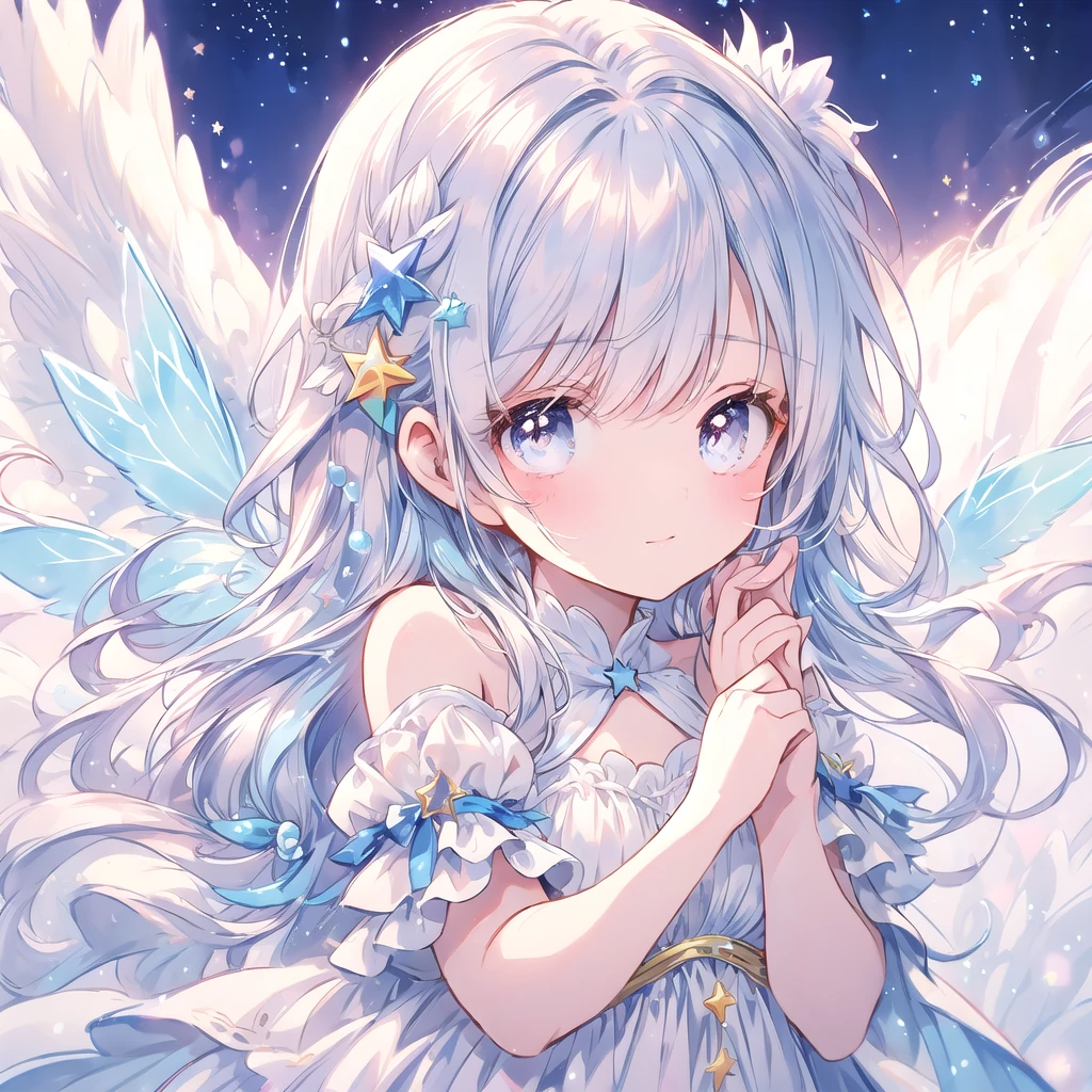 nude angel girl wearing an ethereal translucent dress, pale skin, ((wavy blue mint hair)), white feathers, large angel wings, sparkling detailed eyes, golden ratio face, perfect composition, highly detailed, ethereal, (starry night sky background), midjourney style