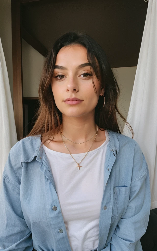 Femme brune européenne hyperréaliste aux cheveux bouclés et au visage rond et sérieux  , photo instagram , she is wearing jeans and a top , and she takes a photo of herself in front of a mirror