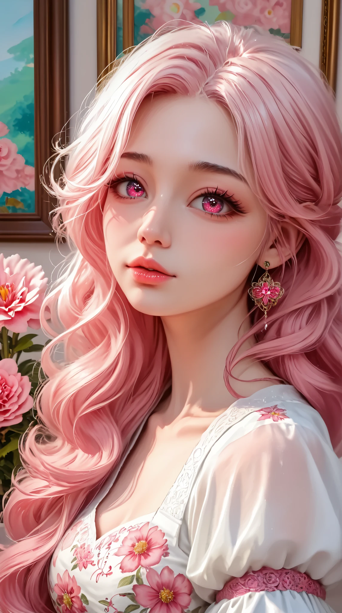 A woman with flowers in her eyes, beautiful detailed eyes, beautiful detailed lips, extremely detailed eyes and face, long eyelashes, woman wearing a flowery dress, pastel painting oil stick painting, thick coating, texture, inspired by Moebius, trippy, watercolor illustration, portrait of a big eyes, ulzzang, pink eyes, (best quality,4k,8k,highres,masterpiece:1.2),ultra-detailed,(realistic,photorealistic,photo-realistic:1.37),HDR,UHD,studio lighting,ultra-fine painting,sharp focus,physically-based rendering,extreme detail description,professional,vivid colors,bokeh