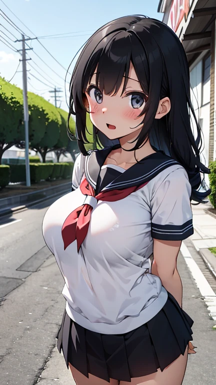 highest quality,wonderful,finely,extremely detailed CG Unity 8K wallpaper, (1 girl,black hair, blue eyes,double bun), (gigantic breasts:1.2), (Sailor swimsuit:1.1), (open mouth:1.2), (long tongue:1.2), (mouth drool:1.2),(zettai ryouiki:1.2)