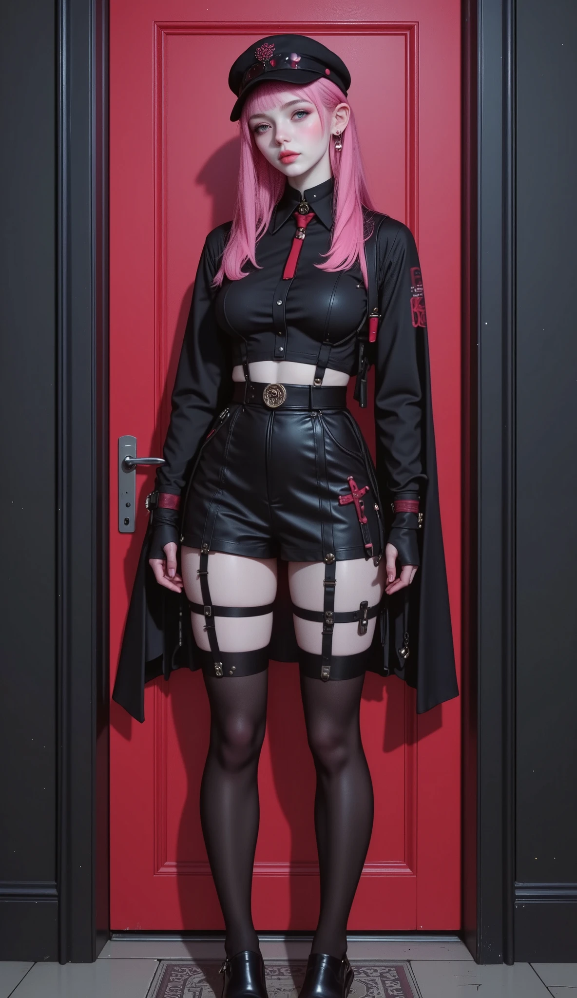 a goth girl leaning against the door frame, She poses dynamically and sensually , Dark:1.5, wearing a black suit and pink hair standing in front of a red door, dressed in crustpunk gothic clothing , gothic hat with aviator lenses , gothic punk clothing, dressed in punk clothes, punk outfit, rosa and black, totally black cyberpunk clothing , 20-year-old goth anime girl , wearing a punk outfit, punk rock clothing , cruel coreano gótico chica, Gothic outfit