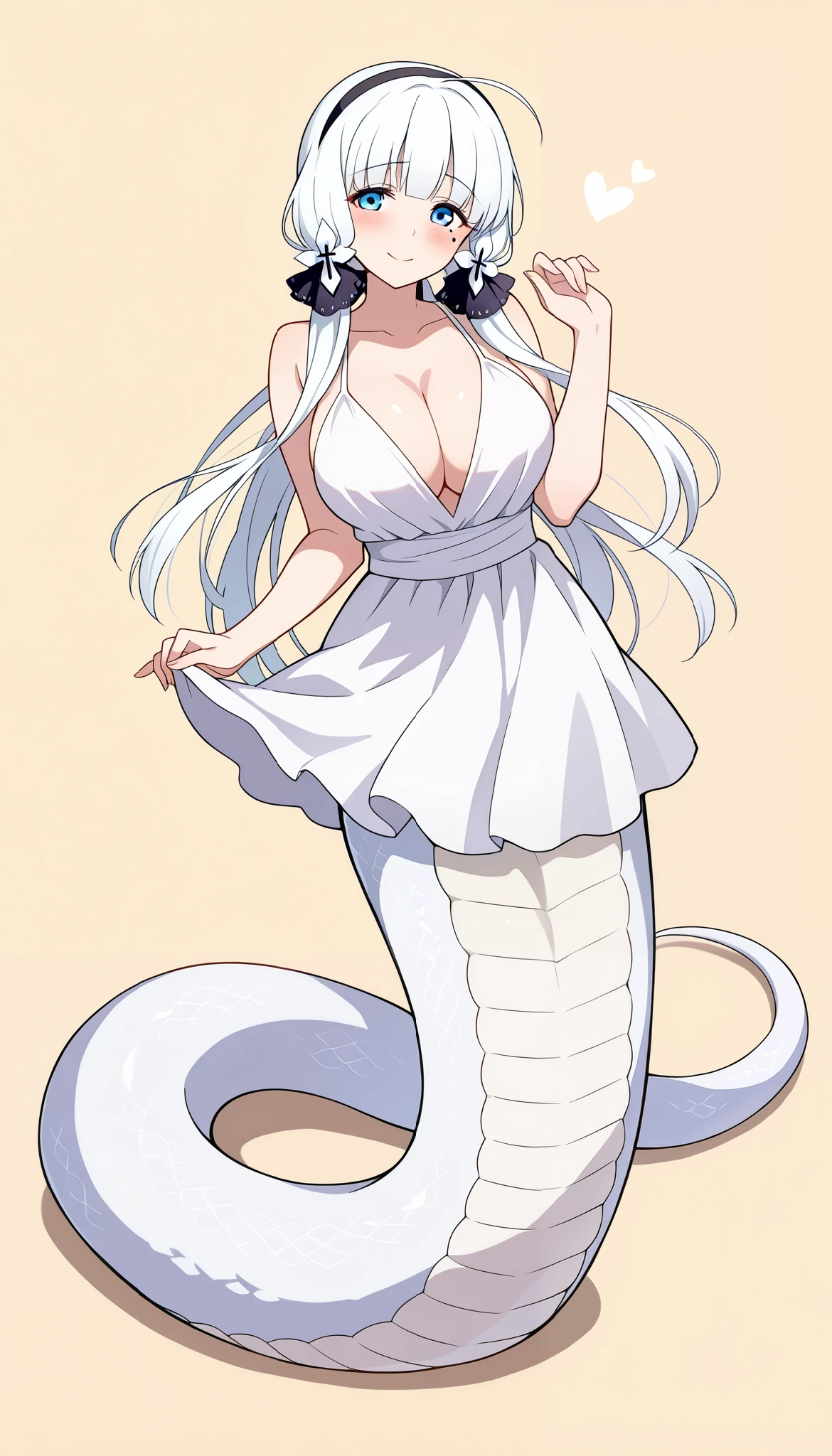 (分Fraction_9, Fraction_8_up, Fraction_7_up), ( masterpiece), ( Best Quality ),( full five fingers), simple background ,
1 girl , illustrious, - Skin 7 , White Dress , Big Breasts , clavicle, Outstanding , blue eyes, Hair accessories , Hairband, long hair, mole, mole under eye, White hair,
Lamia, White Snake Tail , Smile,Shy, full body photo