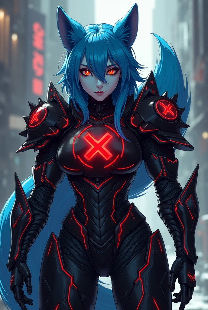 ((masterpiece:1.2, best quality, ultra detailed, absurdres, perfect anatomy, perfect hands)), (((1 woman))), long blue hair, red eyes, fit, ((black heavy armor)), massive chest,