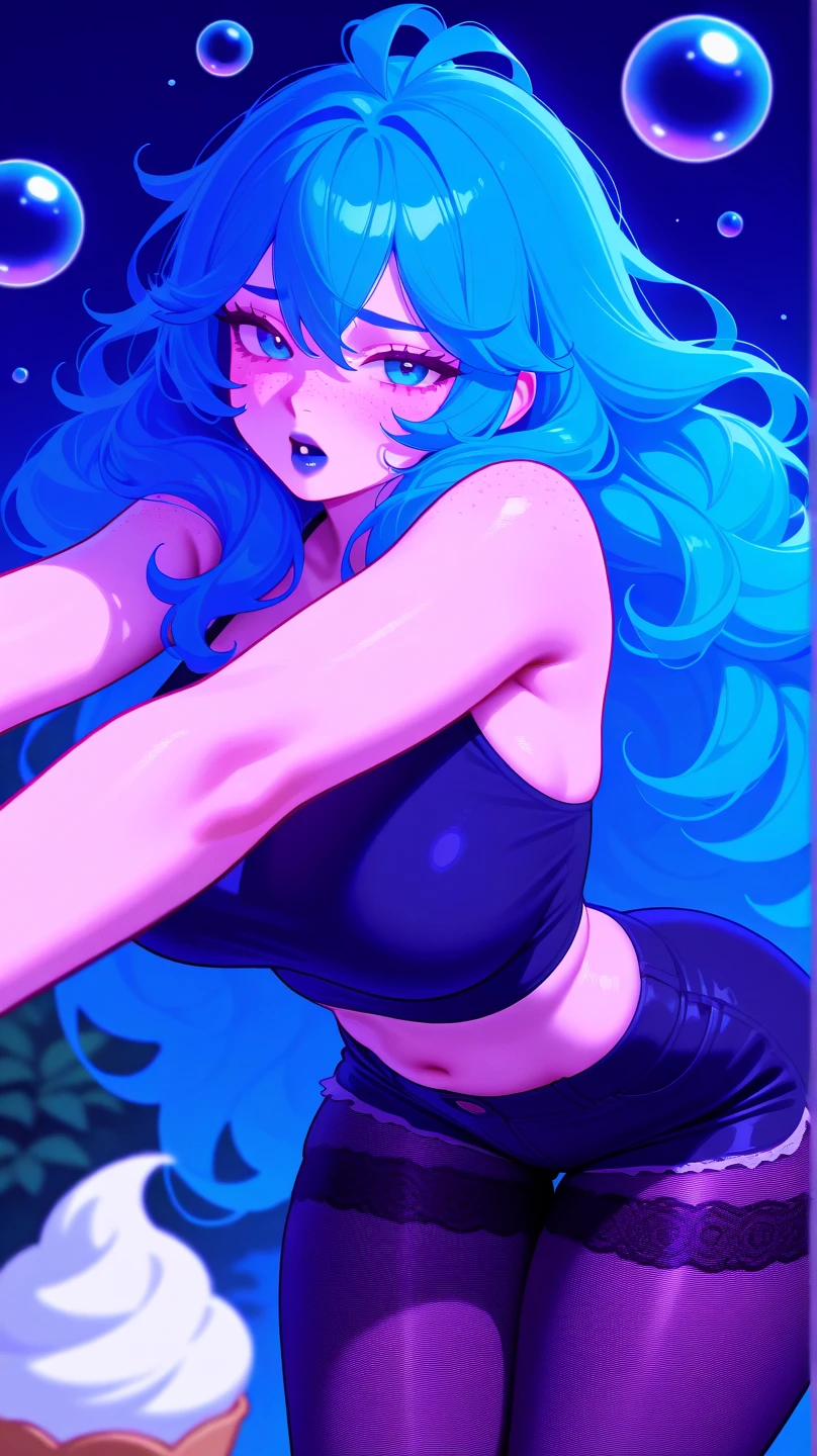a curvy blue-eyed girl with long wavy black hair, small breasts, nudity, torn tanktop, tits out, hyper detailed, vivid colors, Ralph Bakshi style