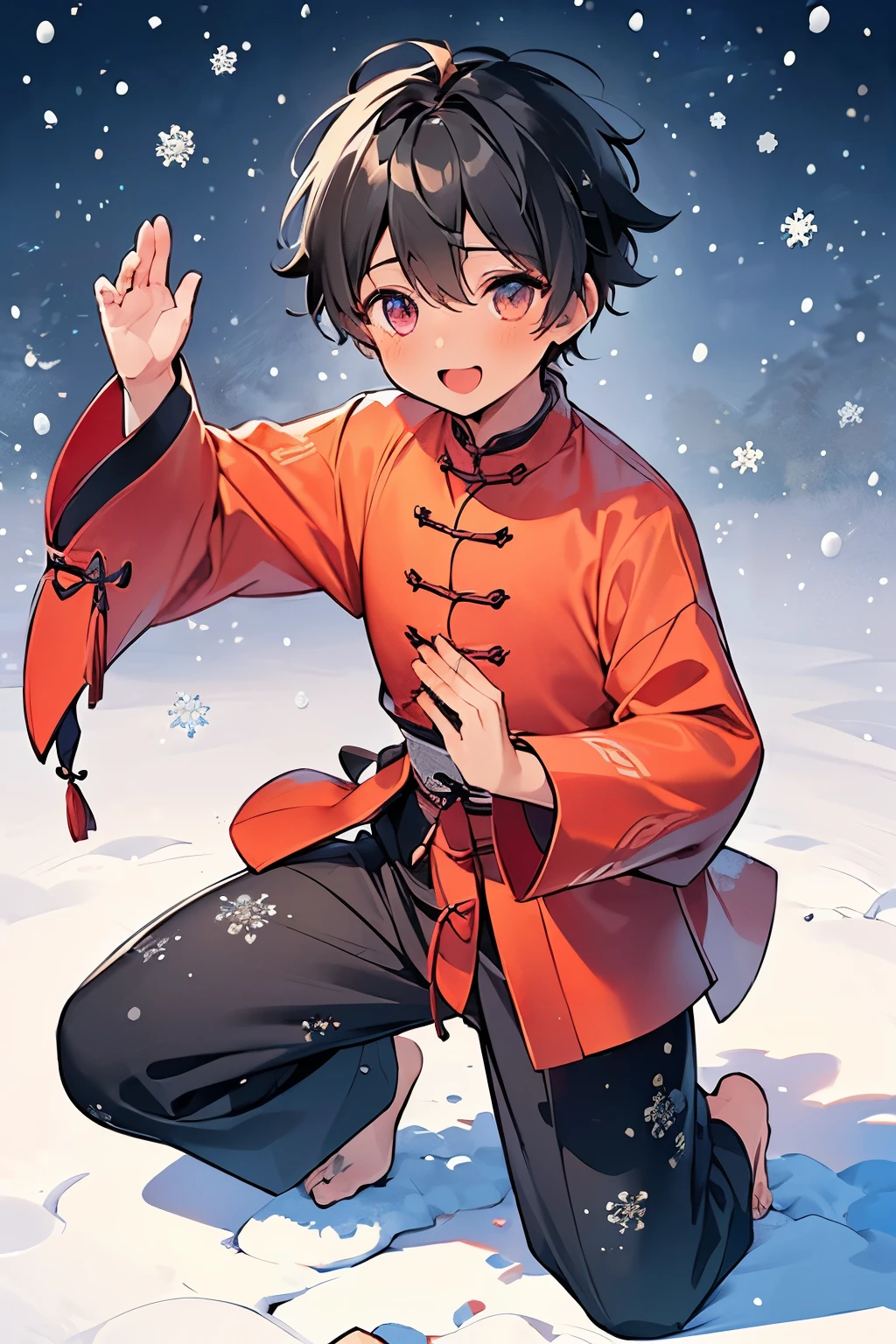 ((1-boy :1.5)),(( adult male:1.0)),black hair,(very short hair:1.0),(odd-eyes:0.85),((Kirakira eyes :1.0)),(looking viewer:0.8),(looking up:0.5),((kawaii)),((tai chi Pause:1.5)),(Active Pause:1.3),(open to mouth with smile:1.0),(portrait:0.8),((long sleeve naked jacket:1.0)),((naked,nsfw:1.0)),((snow pattern background:1.3)),((dark skin body:1.1)),full body