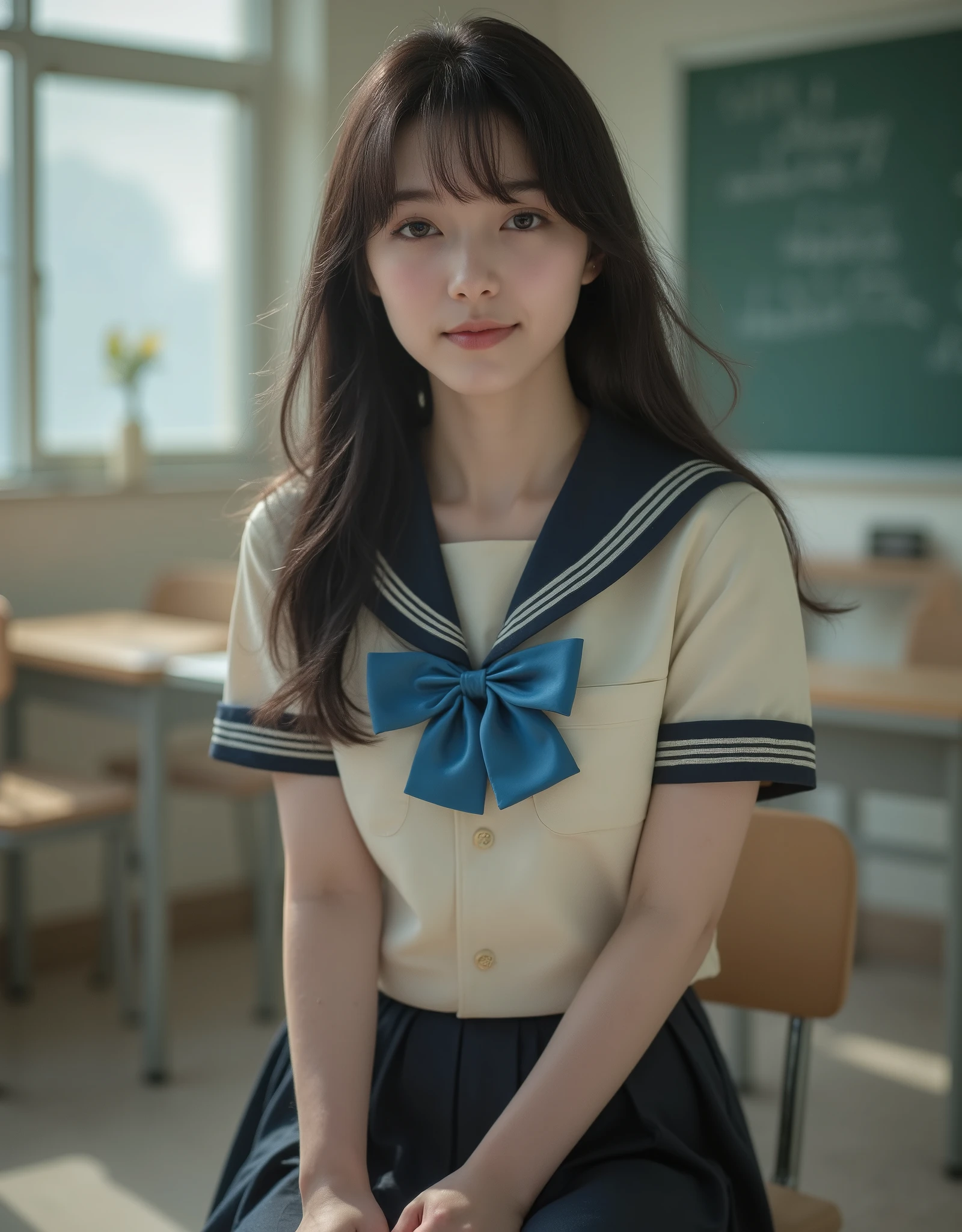 (Canon), (EOS R5), (50mm), ((( photorealistic:1.5))), (No lens flare :1.5), ((超 high resolution)), (masterpiece), accurate,( is presentな質感の肌), more details, high detail, high quality , Award-winning work , 最 high quality, 32K, depth of coverage, digital camera, award-winning glamour photo , professional lighting, (SFW), ((最 high quality:1.5)), ((masterpiece:1.5)), (( is present)), high resolution, is presentな影, Roughness, Real Life,( 1 Japanese woman so beautiful and cute), ( The cuteness of Japan's top idol ), ((Upper body shot seen obliquely from the front :1.5)), (( upper body shot from head to knee :1.5)), (( cute 18-year-old Japanese high school girl )), (((Light cream short sleeve sailor suit :1.8))), (( high school classroom , desk, chair, blackboard, and window visible )), ((( Tokyo Jogakukan high school summer suit short sleeve sailor suit ))), (((襟と胸当てが紺色で3本の白色ラインがある半袖の薄いクリーム色夏服セーラー服と dark blue flare skirt を着て椅子に座っている:1.8))), (( short sleeve light cream sailor suit with dark blue collar and chest :1.8)), (( no front buttons on a sailor suit :1.8)), ((Sailor suit without front zipper :1.8)), ((( The chest between the collar of the sailor suit is dark blue and has 3 white lines :1.8))), (( dark blue flare skirt :1.5)), ((A large bright blue bow on the chest for a sailor suit :1.8)), ((Navy blue scarf closure :1.5)), (( no accessories:1.5)), (( No Earrings :1.5)), ((Without necklace:1.5)), ((Women's watch on her left arm )), (( a very cute high school girl who feels young )), Attractive cuteness , seductive pose holding hands, Height: 160cm, slim figure, Beautifully shaped bust, D Cup, ((少し歯が見える very cute smile:1.5)), ( alone:1.5), (There is only one person in the classroom), ( brown eyes:1.9), ( Detailed depiction of extremely realistic skin ), (Highly detailed, realistic eyes:1.9), (Very beautiful, long, realistic eyelashes), (Highly detailed, realistic eyebrows), (丸い brown eyes :1.8), ( beautiful catchlight on the eyes), (Realistic lips with moisture ), ( white realistic teeth arranged neatly), ( Beautiful and Detailed Face :1.6), ( hourglass figure :1.6), (Wasp waist :1.5), ( Perfectly round and beautifully shaped bust :1.8), ( clearly contoured cheekbones :1.5), ( perfectly styled body :1.8), (Healthy body :1.8), (Narrow shoulders:1.9), ( viewers), ( seductive gaze), (Beautiful, natural-looking hands), ( beautiful pink nails with a beautiful length ), ( show your hands as little as possible ), ( very cute smile:1.1), ( her stomach and navel may be slightly visible:1.4), ( dark hair medium hair :1.3), ( beautiful black hair), ( has bangs), Natural atmosphere, Very cute type, beautiful thighs, (( evening classroom )), (( with a pencil case and notebook on her desk :1.4)), (( show your hands as little as possible )), ((I can't show my feet)), blur background, Illuminate the face, dynamic pose , beautiful body line , Beautiful, realistic skin , Art Photography, beautiful soft lighting , accurate手の形, accurate指の形, accurate指の数,5 fingers on one hand ,((No watermark, No signature))