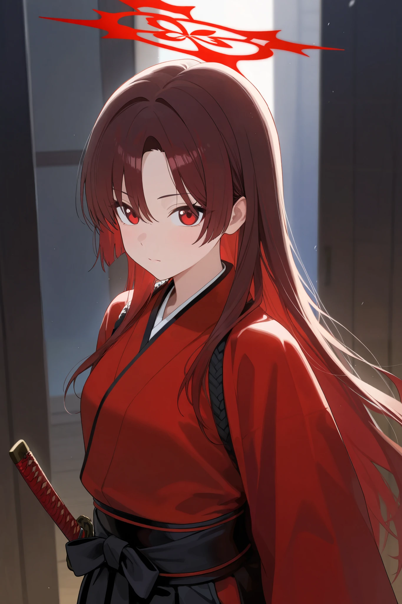 Anime girl with red hair and a red kimono holding a sword - SeaArt AI