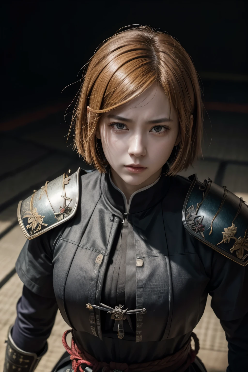 、4K、 masterpiece 、olho extremely detailed、Serious,Armor Samurai of the Sengoku Period ,Sengoku armor, Armor of the Warring States Period, extremely detailed、 a girl in 、 alone、nobara、 Jujutsu Kaisen、 short hair