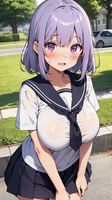 Haruna Sairenji, hair ornament, hairclip, (purple eyes:1.1), purple hair, short hair, swept bangs, (forehead:1.3),, empty eyes Running, wearing nothing, big anime eyes, , shiny hair, bare-skin, navel, the groin, BREAK in front of convenience store, large breasts、 Nipples, nsfw, nipple , Heavy snowfall