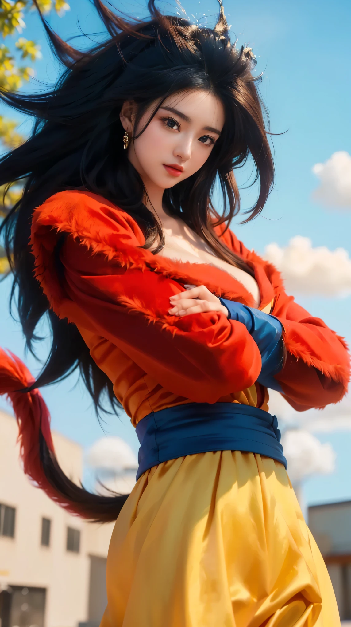 a woman in a furry coat posing for a picture, pqrge breasts, beauty style, female goku, saiyan girl, character dragonball, realistic anime artstyle, beautiful character painting, photorealistic human goku, anime arts, realistic anime art style, beautiful avatar pictures, beautiful alluring anime woman, anime style 4 k, realistic anime 3 d style, trending artgerm, anime realism style
