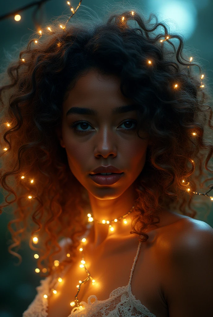Selfie, take a selfie, Very blond Curly hair blond, Toffee color skin, beautiful caribean toffee mixed girl with long blond curly hair and extremely detailled clear yellow eyes , sexy curvy full body, Sitting on the grass in the middle of the tall grass with a few twigs of wheat, firefly flies everywhere, She wears a sexy long top with a black veil sleeve and black skirt, she wears black beautiful Lace-lace sandal ,night