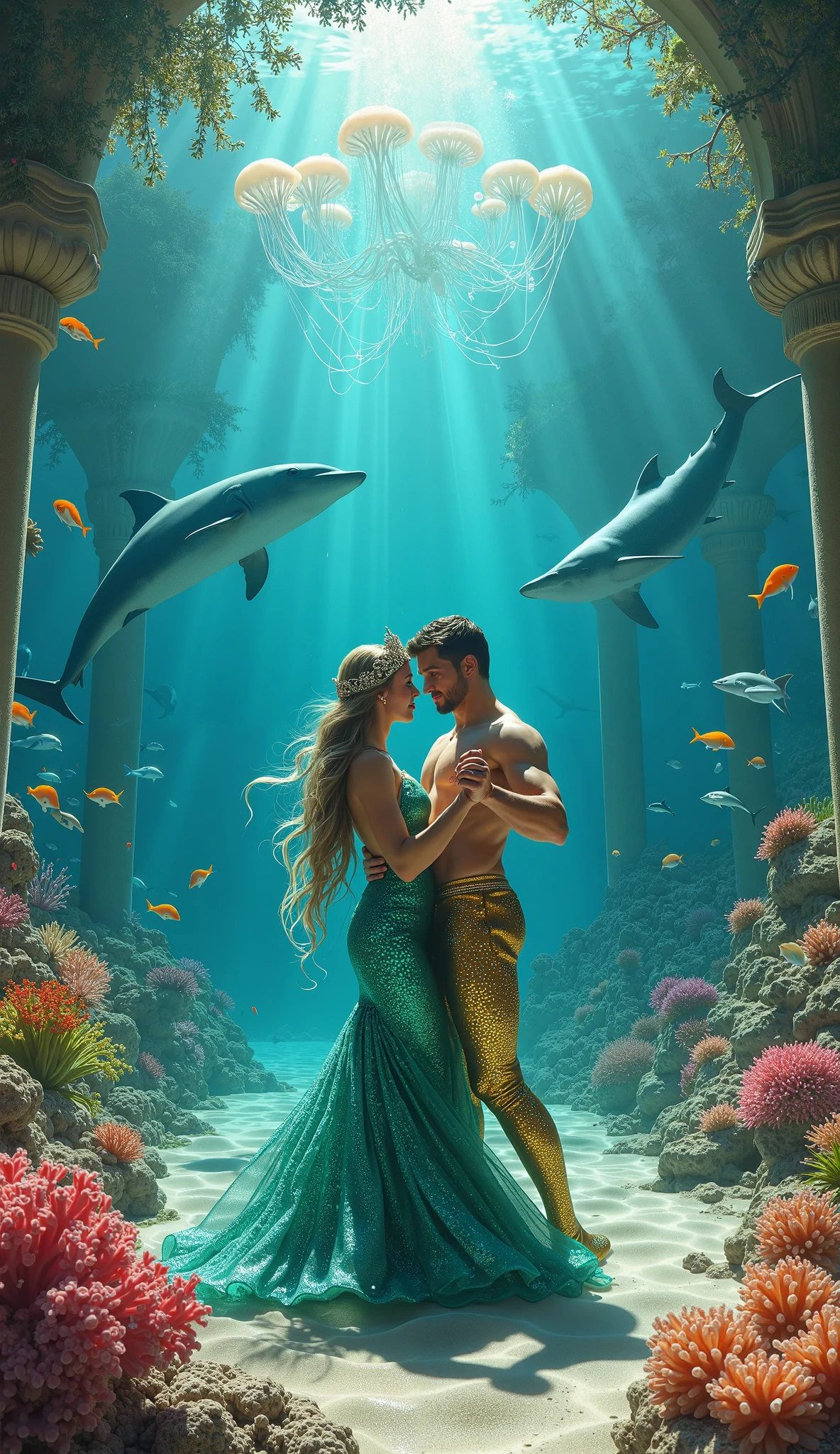 A romantic depiction of Poseidon with his queen, Amphitrite, dancing under the sea, surrounded by colorful fish and vibrant coral reefs. The man in the pic doesn't have long hair