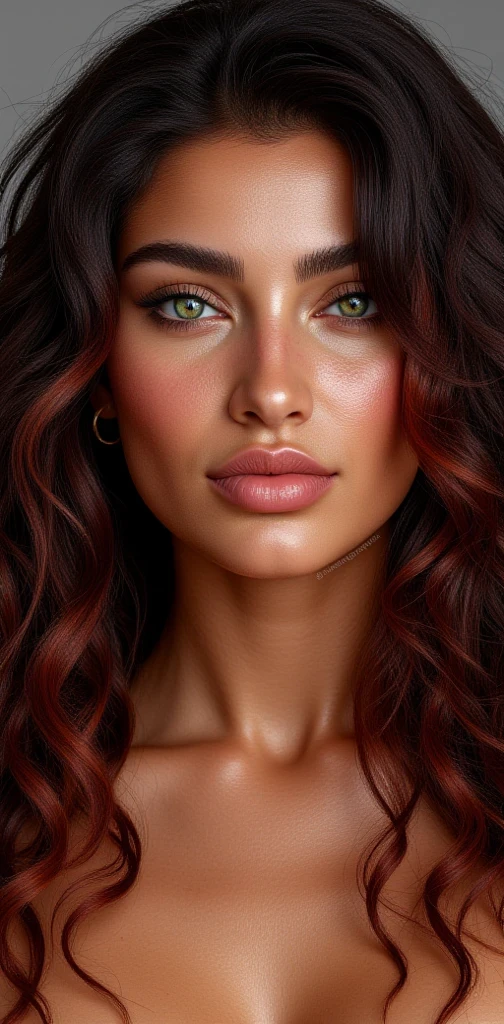 Female model:
by:
- Color: Dark hair with copper highlights (#452B1F)
- Texture: wavy, with a touch of curly
- Length : to the waist
- Style : natural, with a touch of elegance
Eyes :
- Color: intense emerald green (#008000)
- Shape: Almond-shaped, tilted
- Size : big, toning
- : Long, Thick
:
- Color: Tanned, with a warm tone (#F2C464)
- Texture: suave, plain
- Expressive : uniforme, without imperfections
Lips :
- Color: intense pink (#FF69B4 )
- Shape: Fleshy, sensual,
- Voluptuous size : medium, provided
Body :
- Silhouette: Athletic, toned
- Height : 1.78 m ( approximately )
- Weight: 55 kg ( approximately )
- Proportions : Pronounced hips and breasts , defined waist
Face :
- Shape: Oval, soft
- : high cheekbones, small nose, defined eyebrows